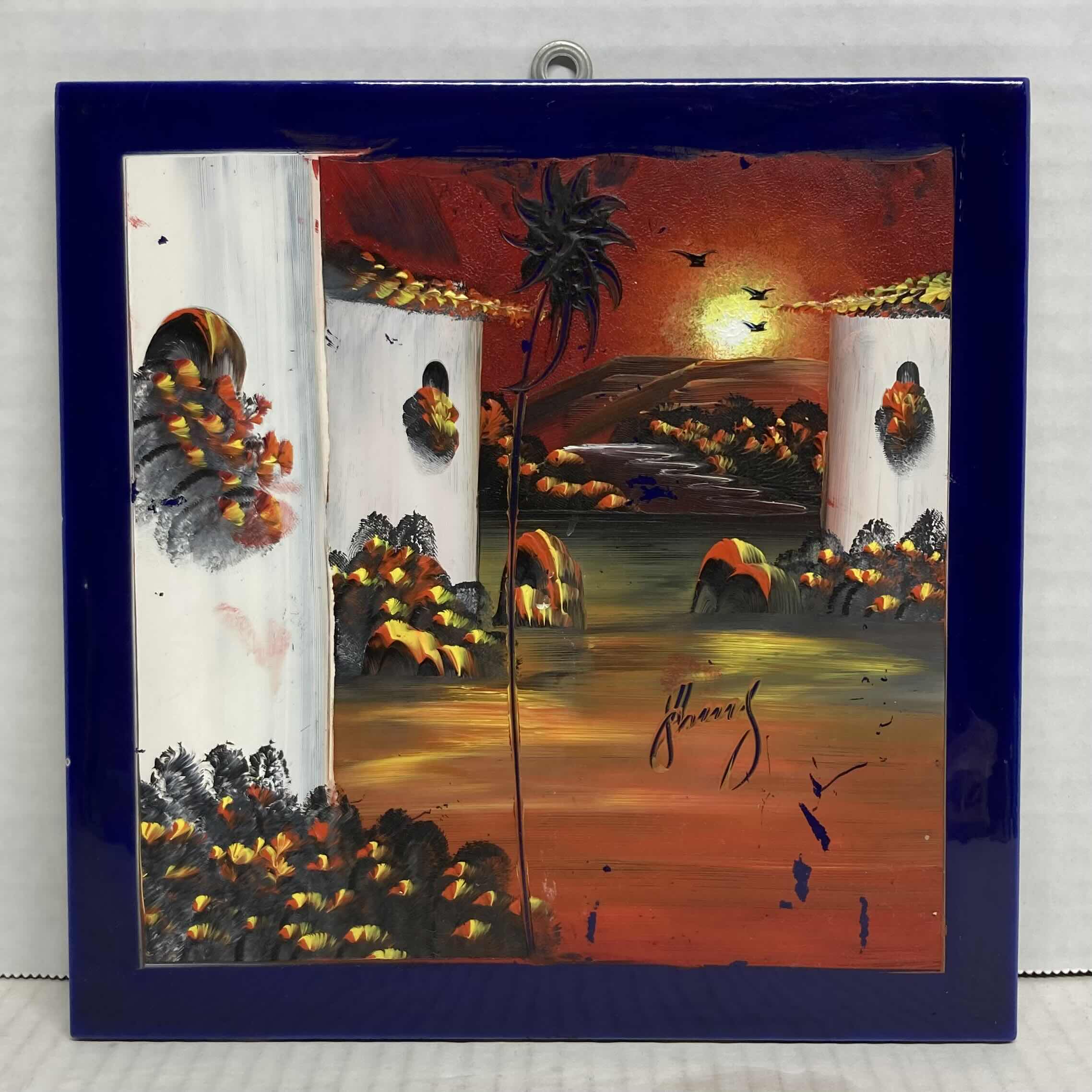 Photo 1 of TROPICAL SUNSET TILE FINGER PAINTING SIGNED BY ARTIST 8” X 8”