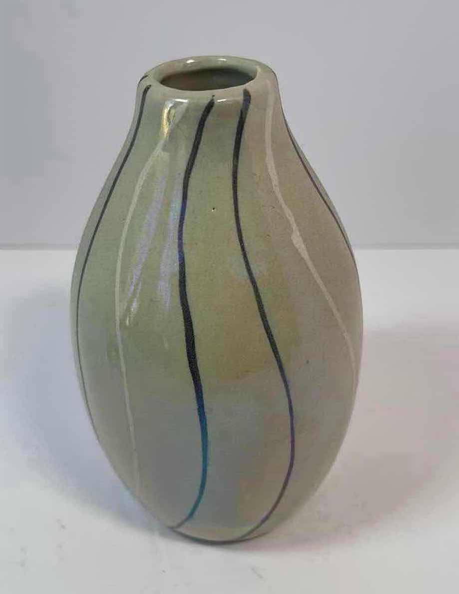 Photo 2 of SAGE GREEN IRIDESCENT SMALL VASE GREENAND WHITE VERTICAL LINES H5”