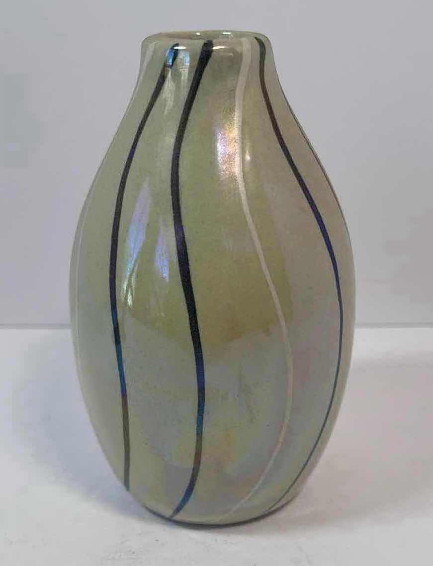 Photo 1 of SAGE GREEN IRIDESCENT SMALL VASE GREENAND WHITE VERTICAL LINES H5”