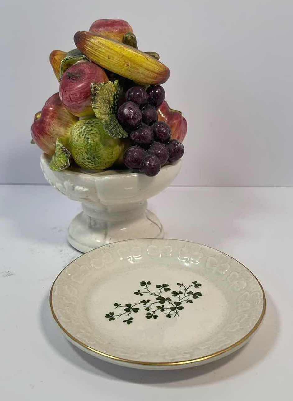 Photo 1 of VINTAGE CERAMIC FIGURAL FRUIT DISH/BOWL TOPIARY H6”WITH CARRIGDHOUN IRISH SHAMROCK POTTERY DISH 4.5”