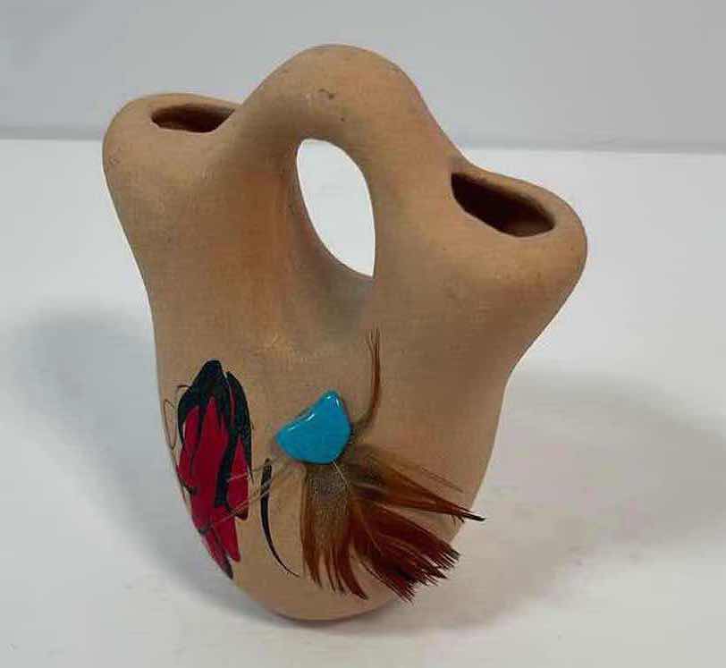 Photo 3 of NATIVE AMERICAN CERAMIC WEDDING VASE MINIATURE HAND PAINTED WITH FEATHER AND TURQUOISE H2.25”
