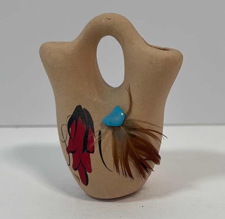 Photo 1 of NATIVE AMERICAN CERAMIC WEDDING VASE MINIATURE HAND PAINTED WITH FEATHER AND TURQUOISE H2.25”