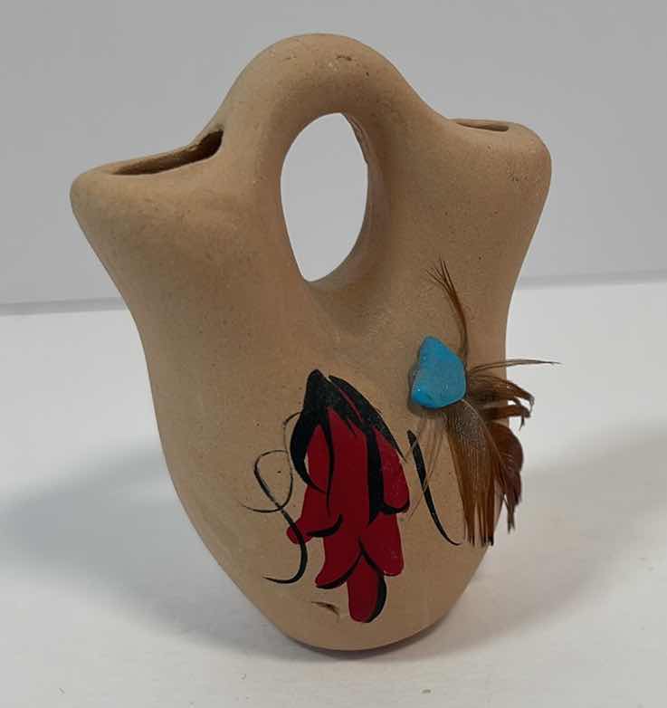 Photo 4 of NATIVE AMERICAN CERAMIC WEDDING VASE MINIATURE HAND PAINTED WITH FEATHER AND TURQUOISE H2.25”