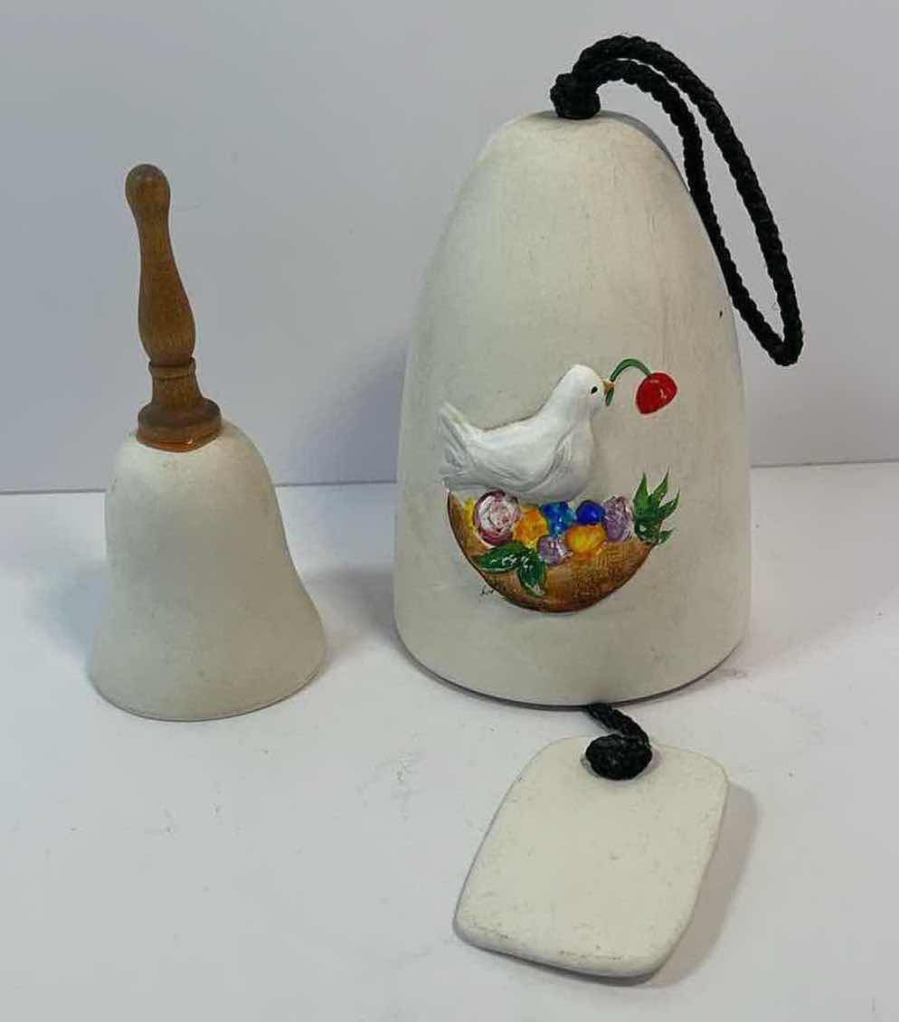 Photo 2 of DE GRAZIA HAND PAINTED WIND CHIME POTTERY & SANDSTONE BELL WITH WOODEN HANDLE 