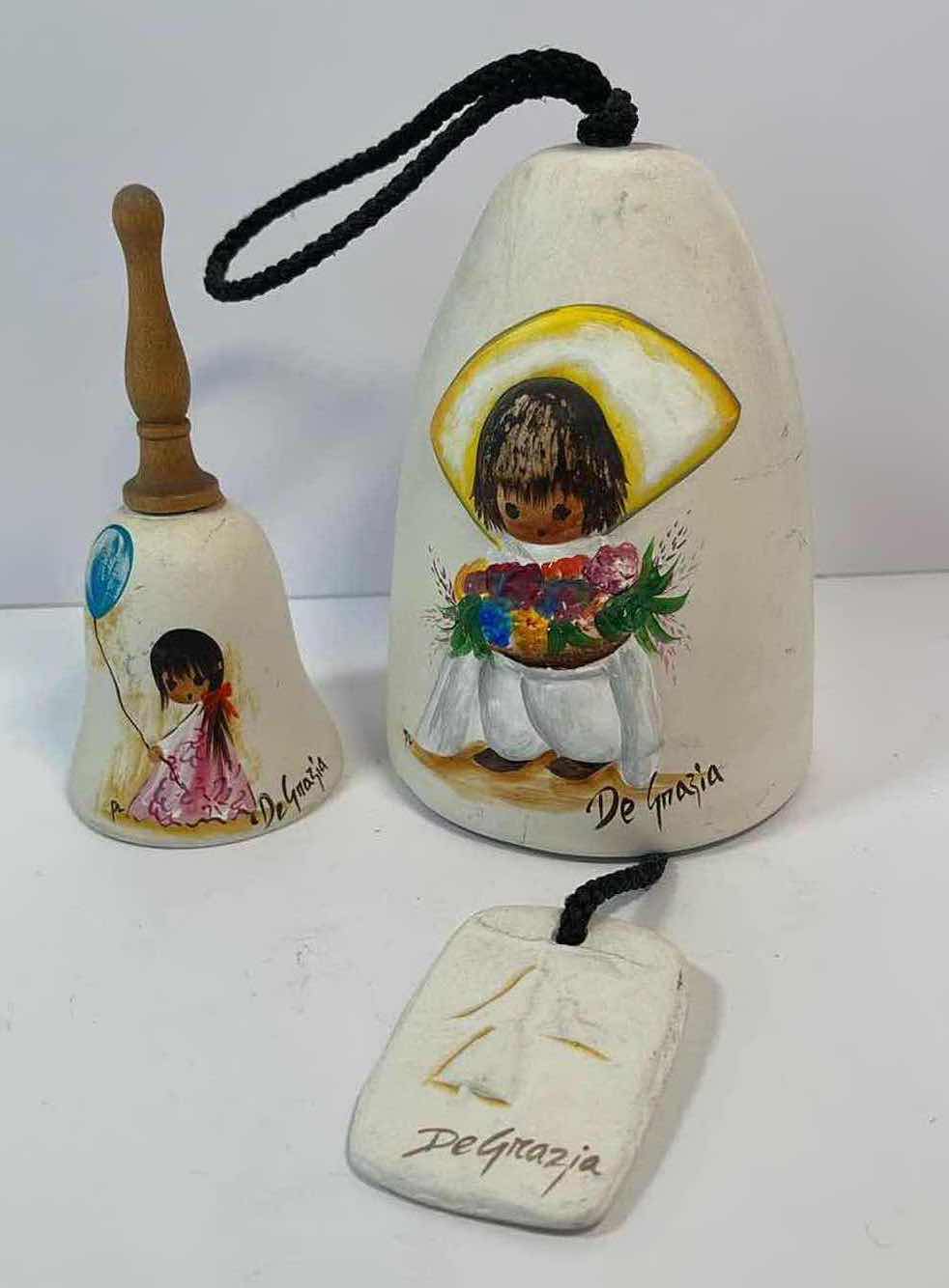 Photo 1 of DE GRAZIA HAND PAINTED WIND CHIME POTTERY & SANDSTONE BELL WITH WOODEN HANDLE 