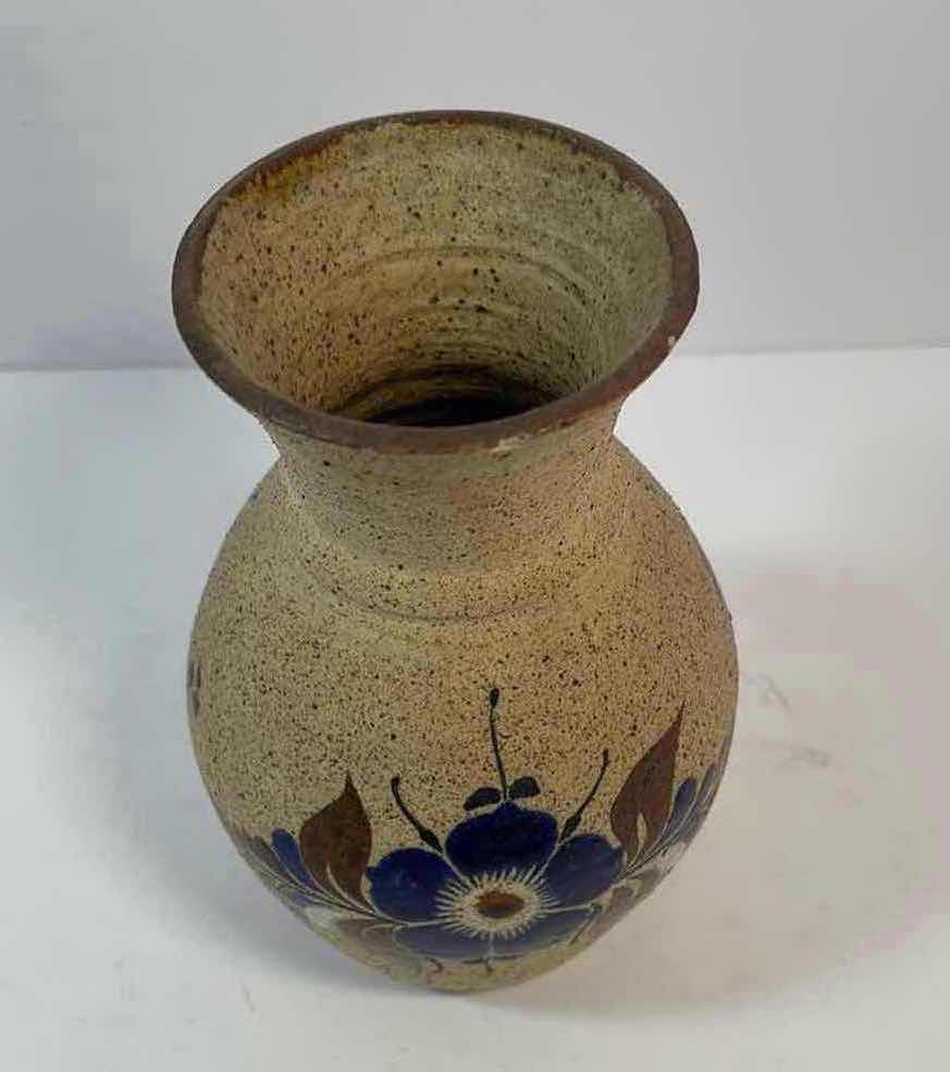 Photo 3 of TONALA MEXICAN FOLK ART POTTERY VASE WITH HAND PAINTED BLUE FLOWER 6”