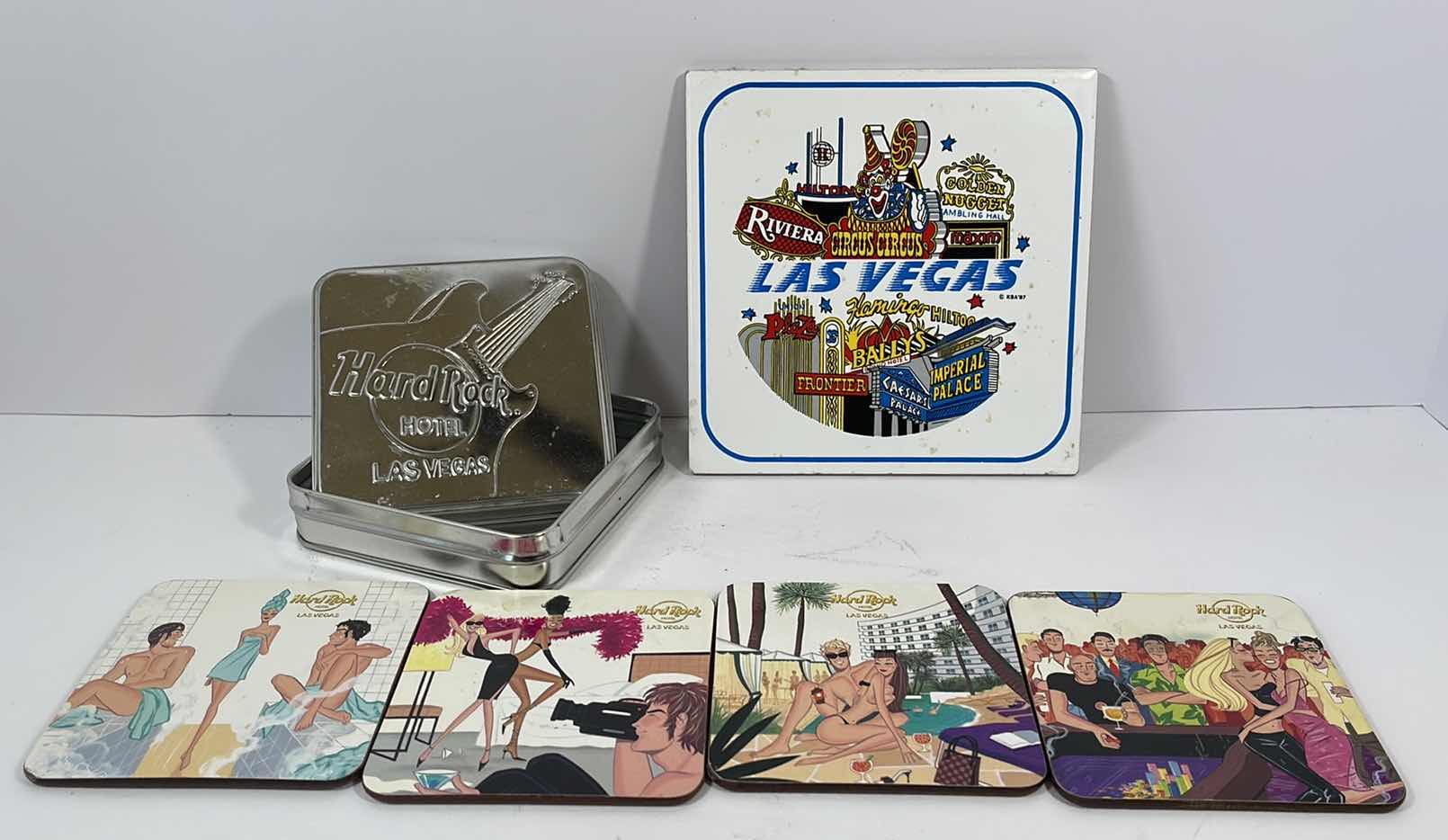 Photo 1 of HARD ROCK HOTEL LAS VEGAS VINTAGE COASTERS WITH TIN H3.75” & OLD LAS VEGAS GRAPHIC WALL HANG TILE H6”