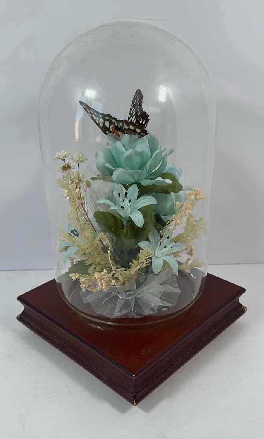 Photo 3 of BUTTERLY DISPLAY WITH GLASS COVER ON WOODEN STAND ARTIFICIAL PLANTS H9”