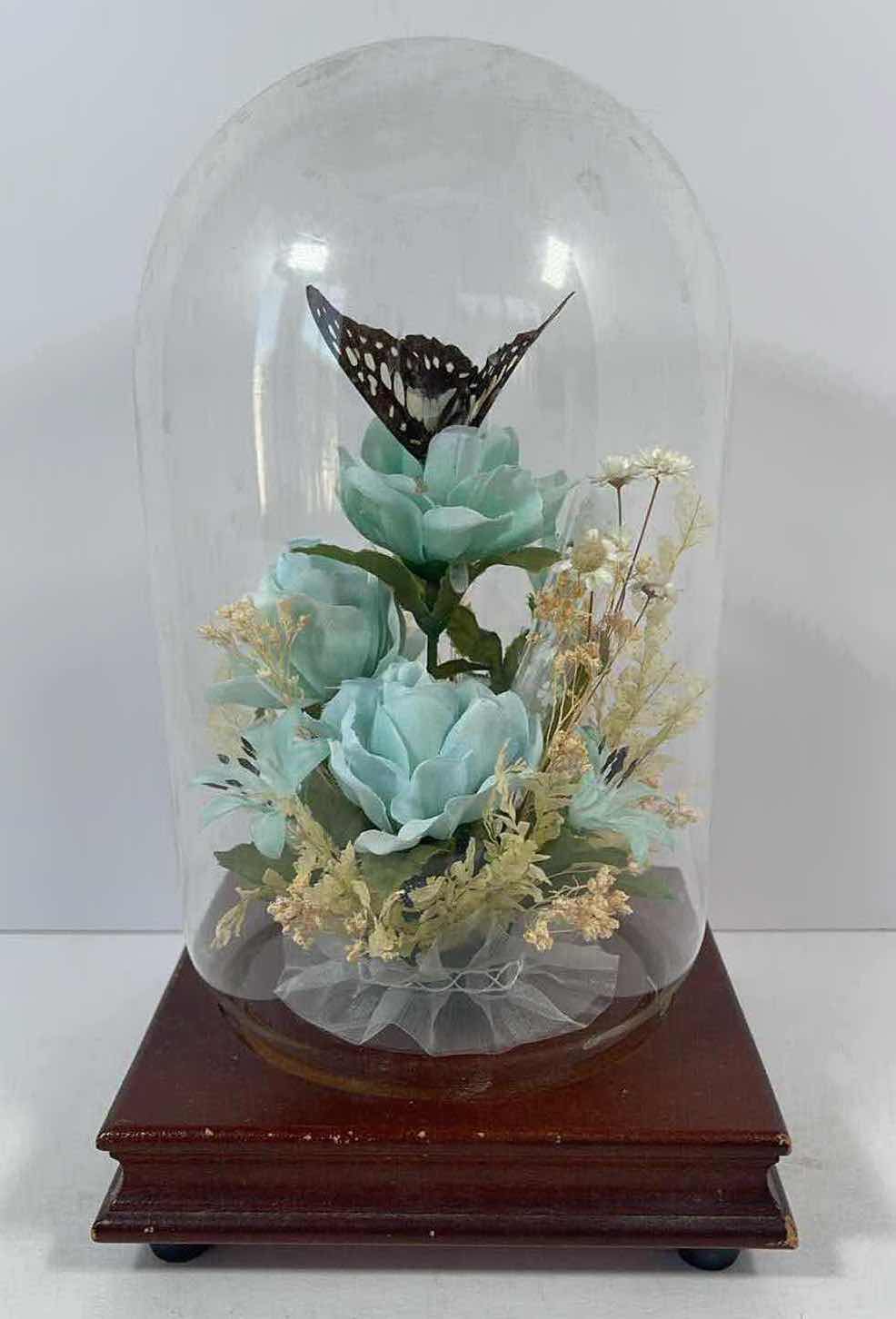 Photo 1 of BUTTERLY DISPLAY WITH GLASS COVER ON WOODEN STAND ARTIFICIAL PLANTS H9”