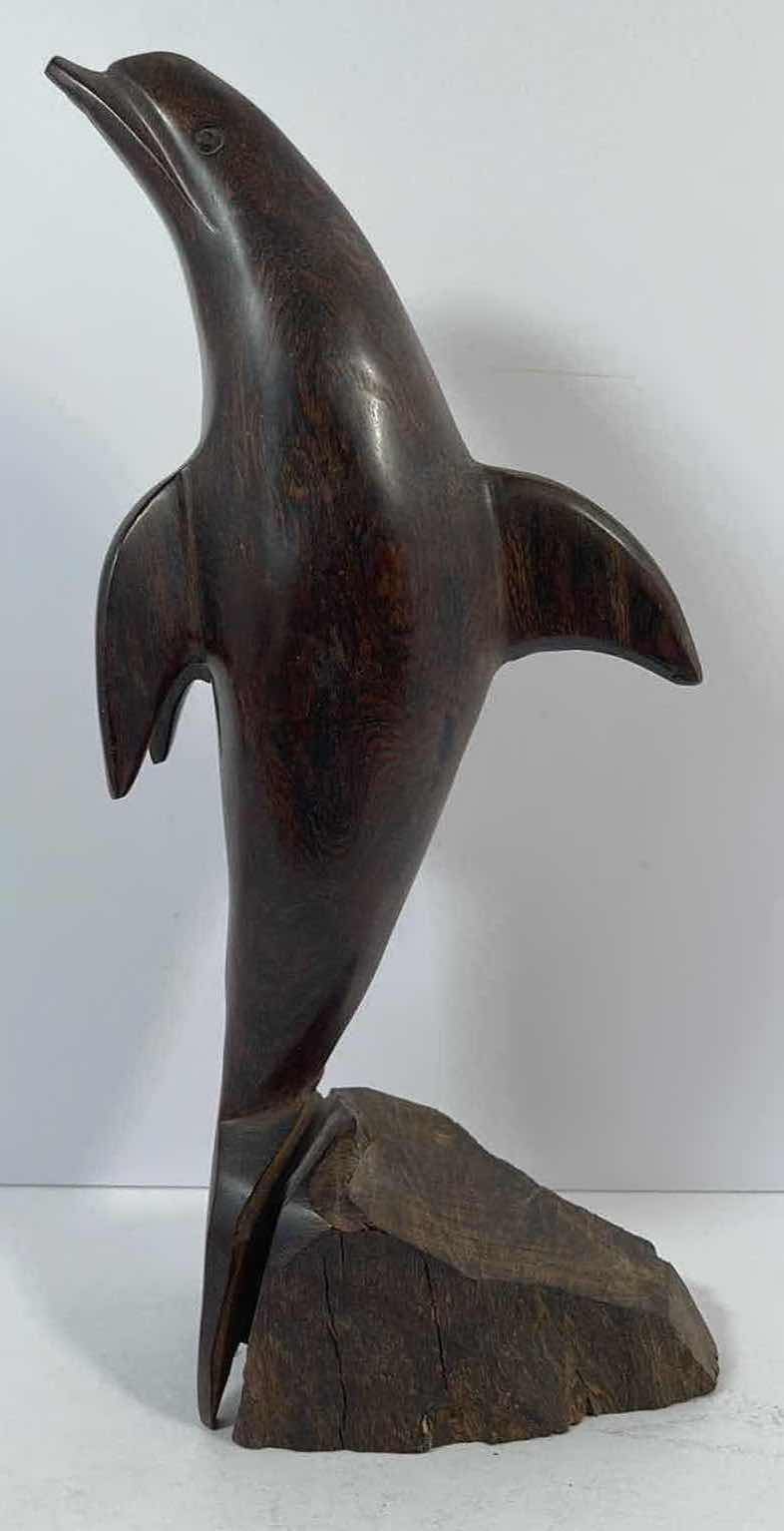 Photo 1 of HAND CARVED WOODEN DOLPHIN FIGURINE STATUE H11.5” 