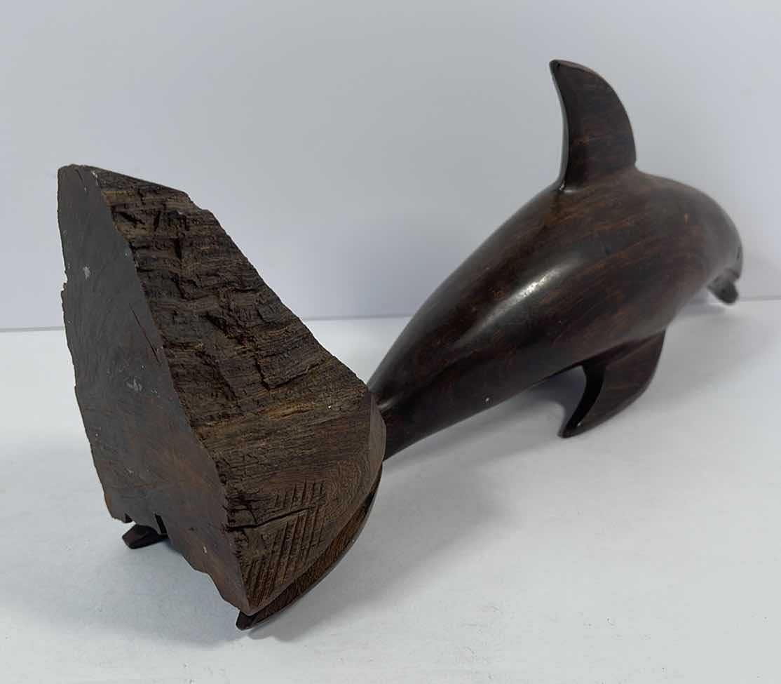 Photo 5 of HAND CARVED WOODEN DOLPHIN FIGURINE STATUE H11.5” 