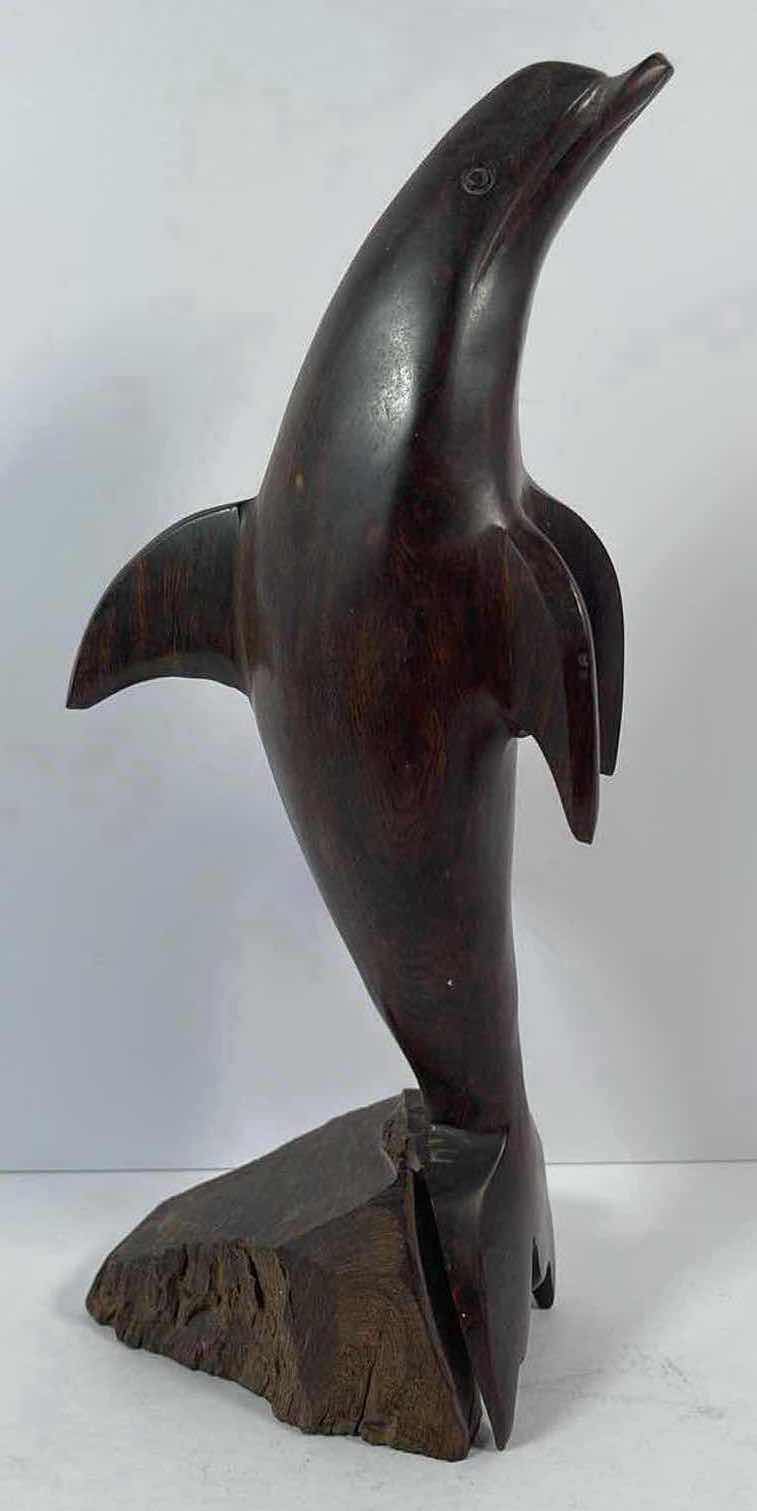 Photo 2 of HAND CARVED WOODEN DOLPHIN FIGURINE STATUE H11.5” 