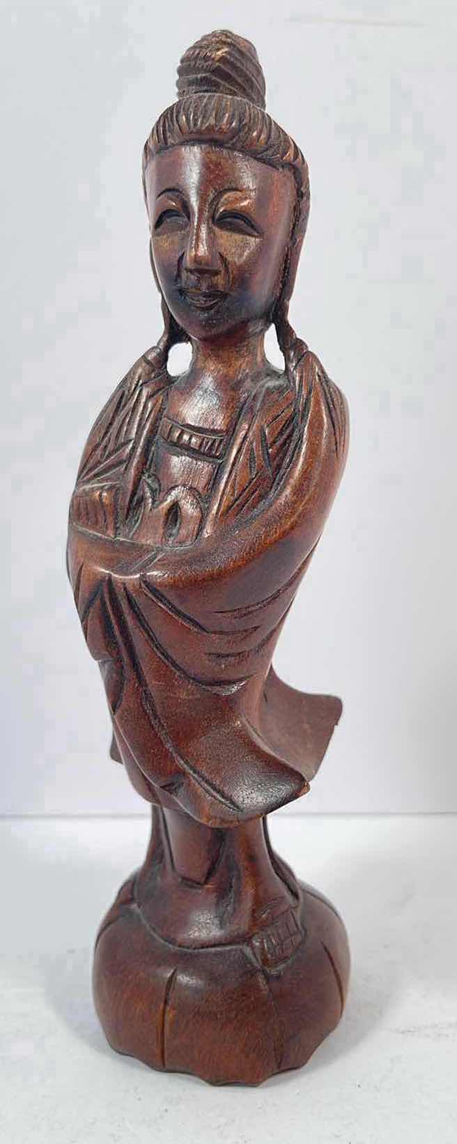 Photo 1 of CARVED WOODEN KWAN STATUE FIGURINE H8”