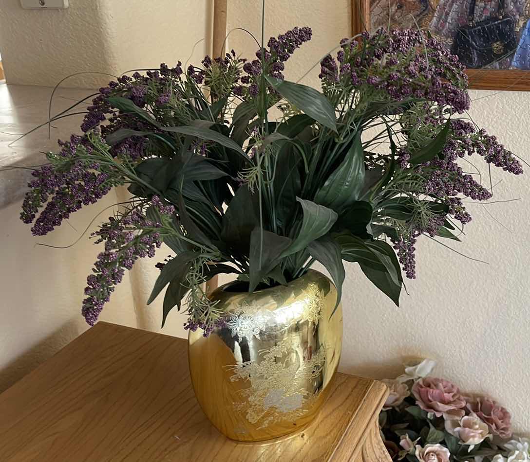 Photo 1 of ARTIFICIAL PLANT IN HEAVY GOLD TONED VASE MADE IN JAPAN H18”