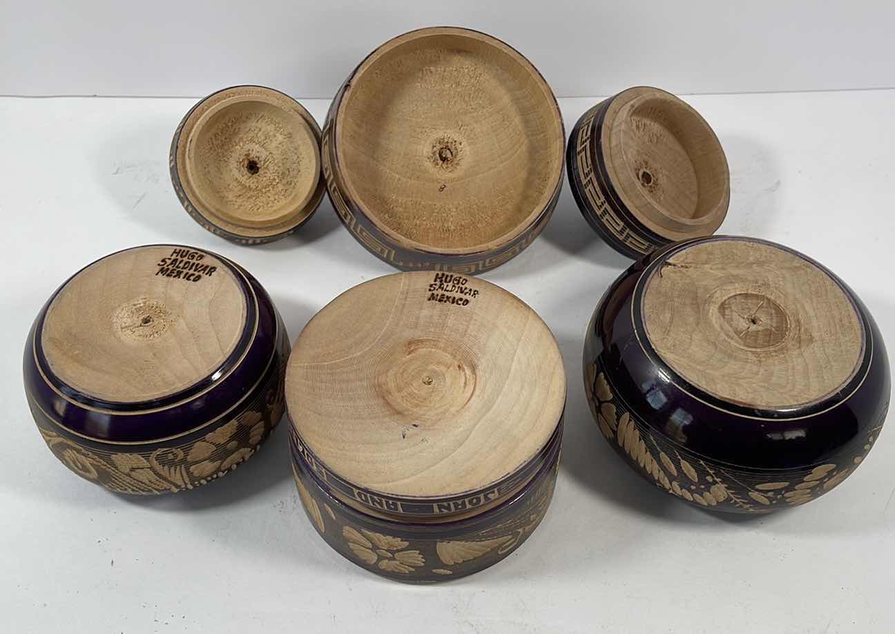 Photo 4 of HUGO SALDIVAR MEXICO HAND CRAVED LIDDED TRINKET BOWLS (3) (H5” LARGE BOWL)