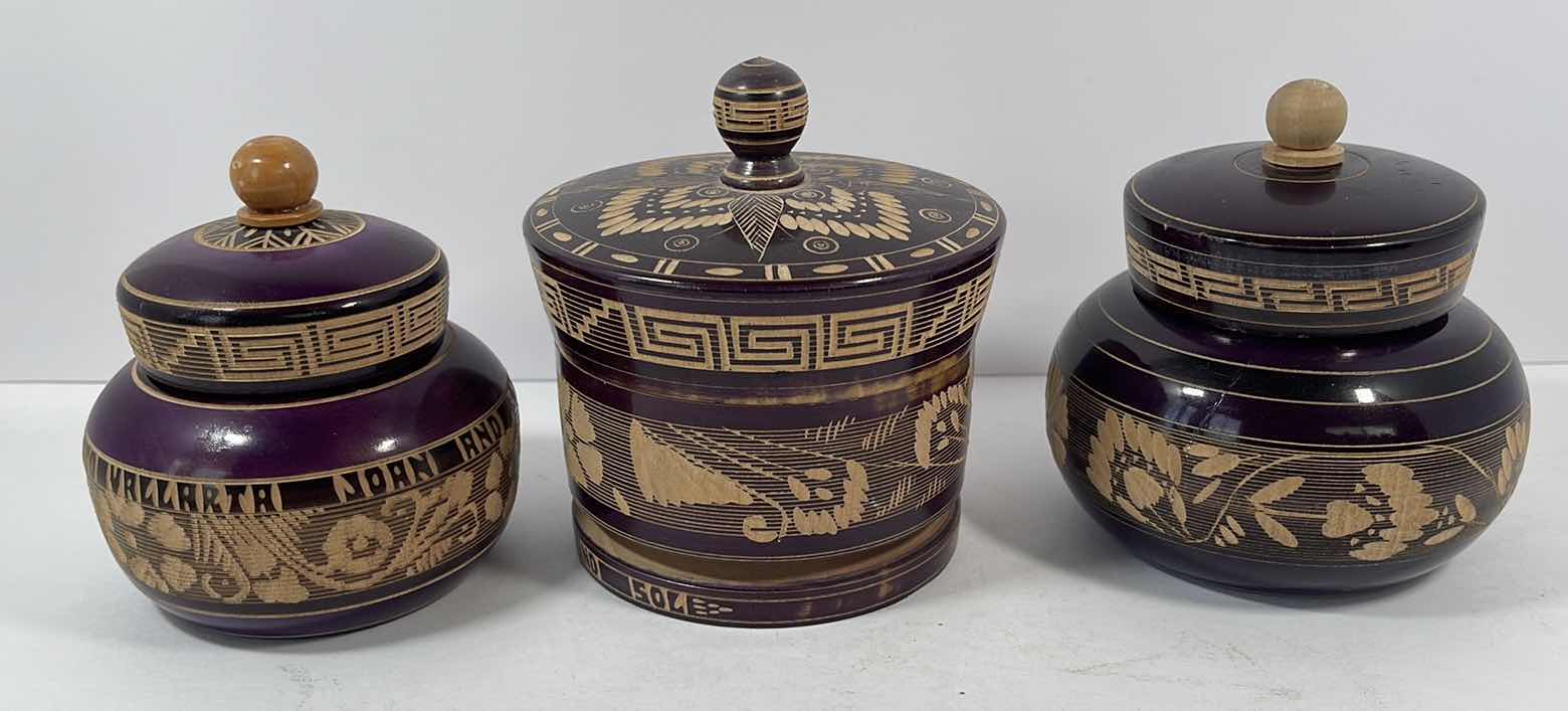 Photo 2 of HUGO SALDIVAR MEXICO HAND CRAVED LIDDED TRINKET BOWLS (3) (H5” LARGE BOWL)