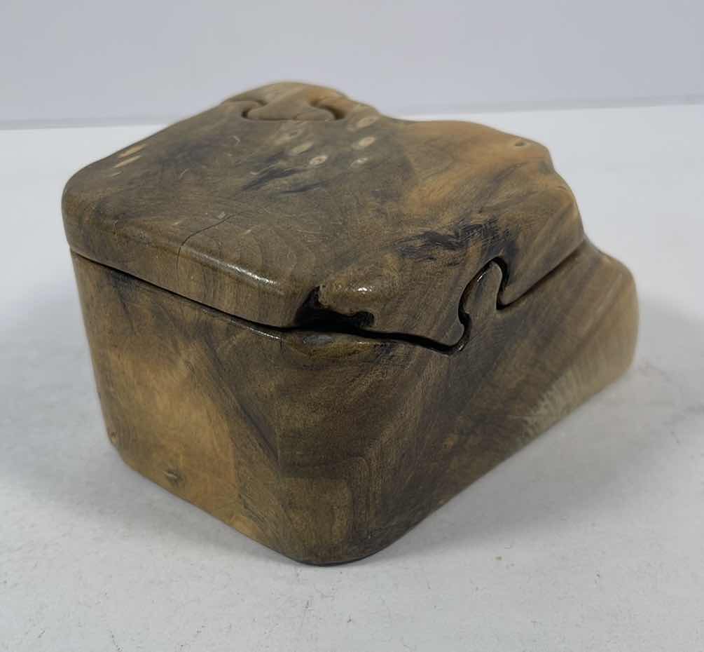 Photo 2 of MID CENTURY LIVE EDGE WOODEN PUZZLE TREASURE BOX SIGNED D. WOOD 1997 H2”