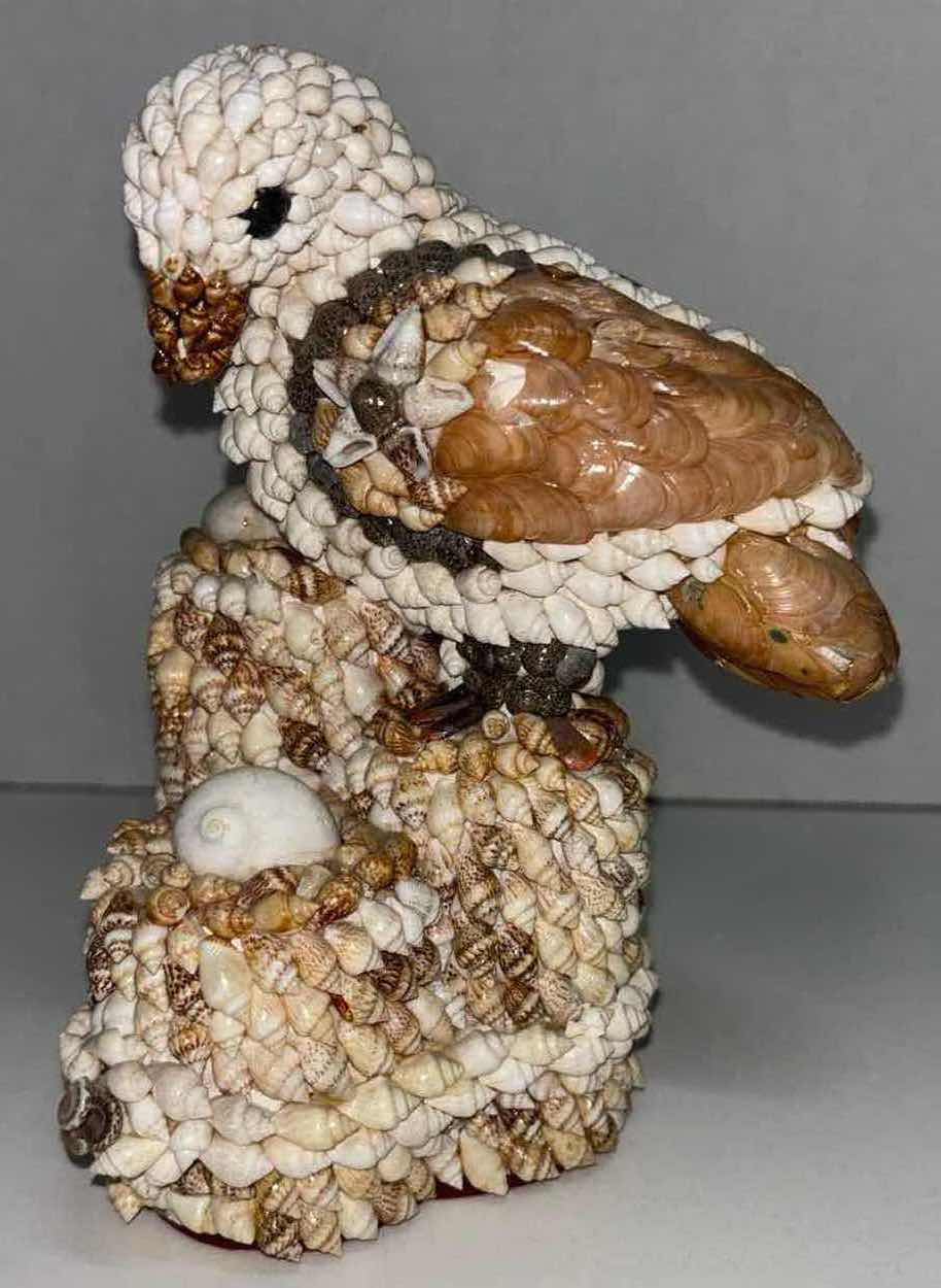 Photo 5 of MID CENTURY HANDMADE SEASHELL COVERED 8” X 6” SWAN VASE PLANTER & 7” SEAGULL ON EGGS STATUE