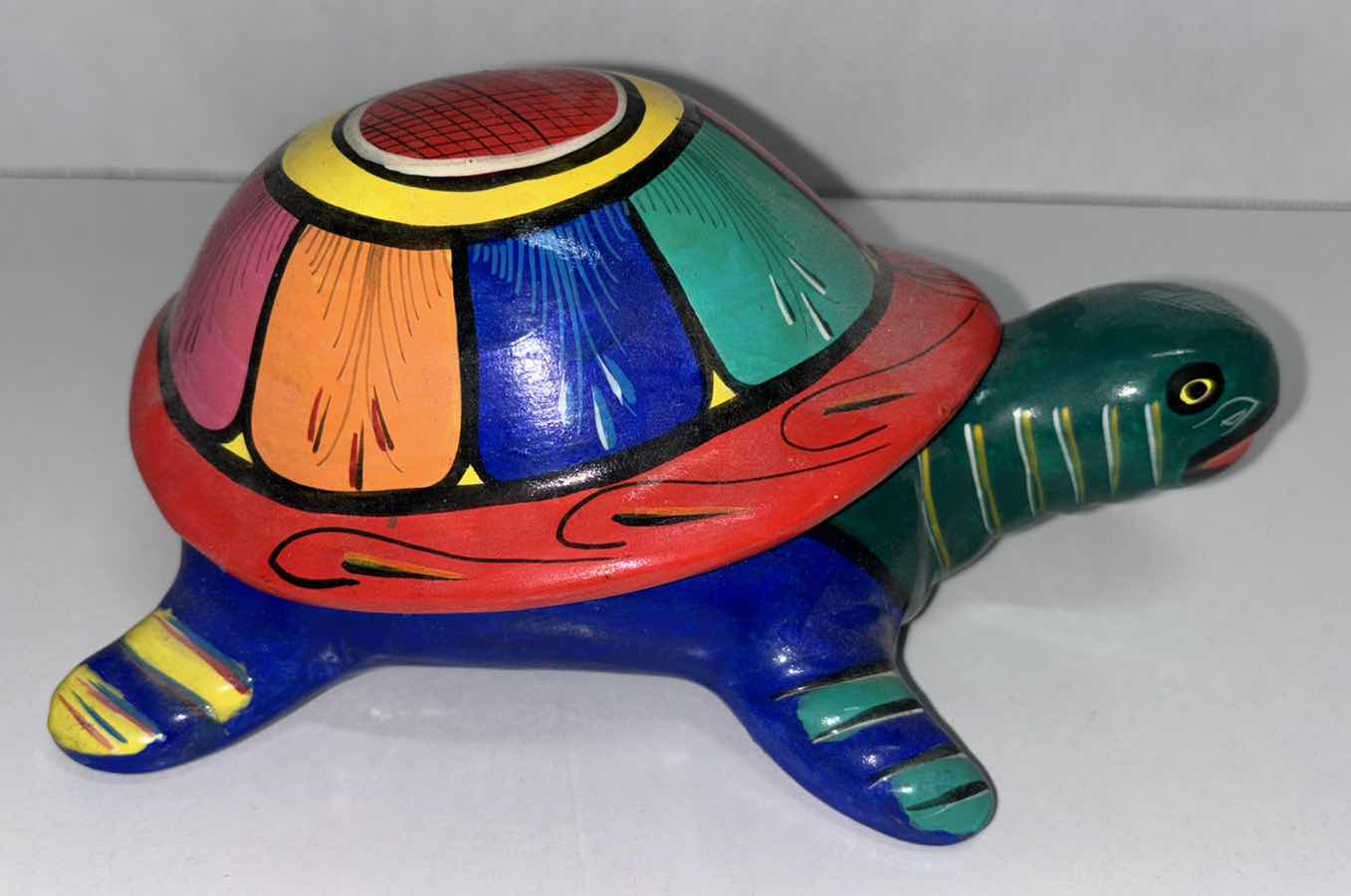 Photo 2 of FOLK ART HAND PAINTED CERAMIC TURTLE TRINKET DISH 7.75” X 3.5”