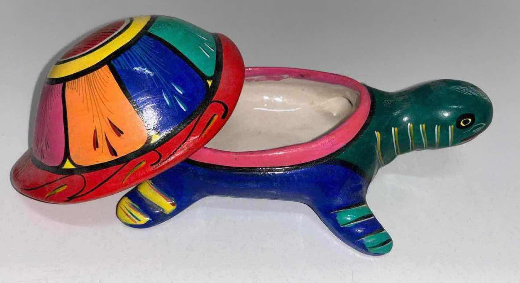 Photo 3 of FOLK ART HAND PAINTED CERAMIC TURTLE TRINKET DISH 7.75” X 3.5”