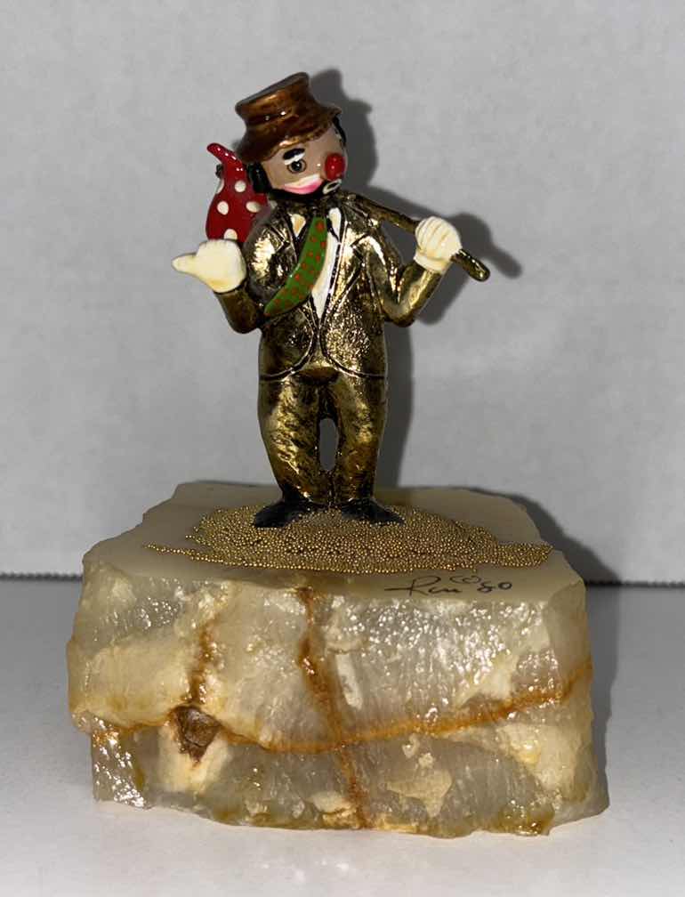 Photo 1 of RON LEE SIGNED HOBO HITCH HIKER 24K PLATED FIGURINE & MARBLE BASE 4.5” (1980)