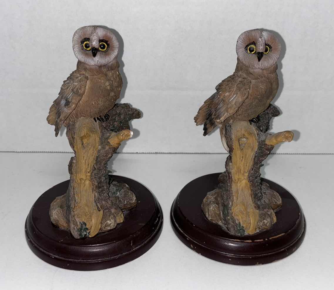 Photo 1 of PAIR OF OWL FIGURINES ON WOOD STANDS 6.25”
