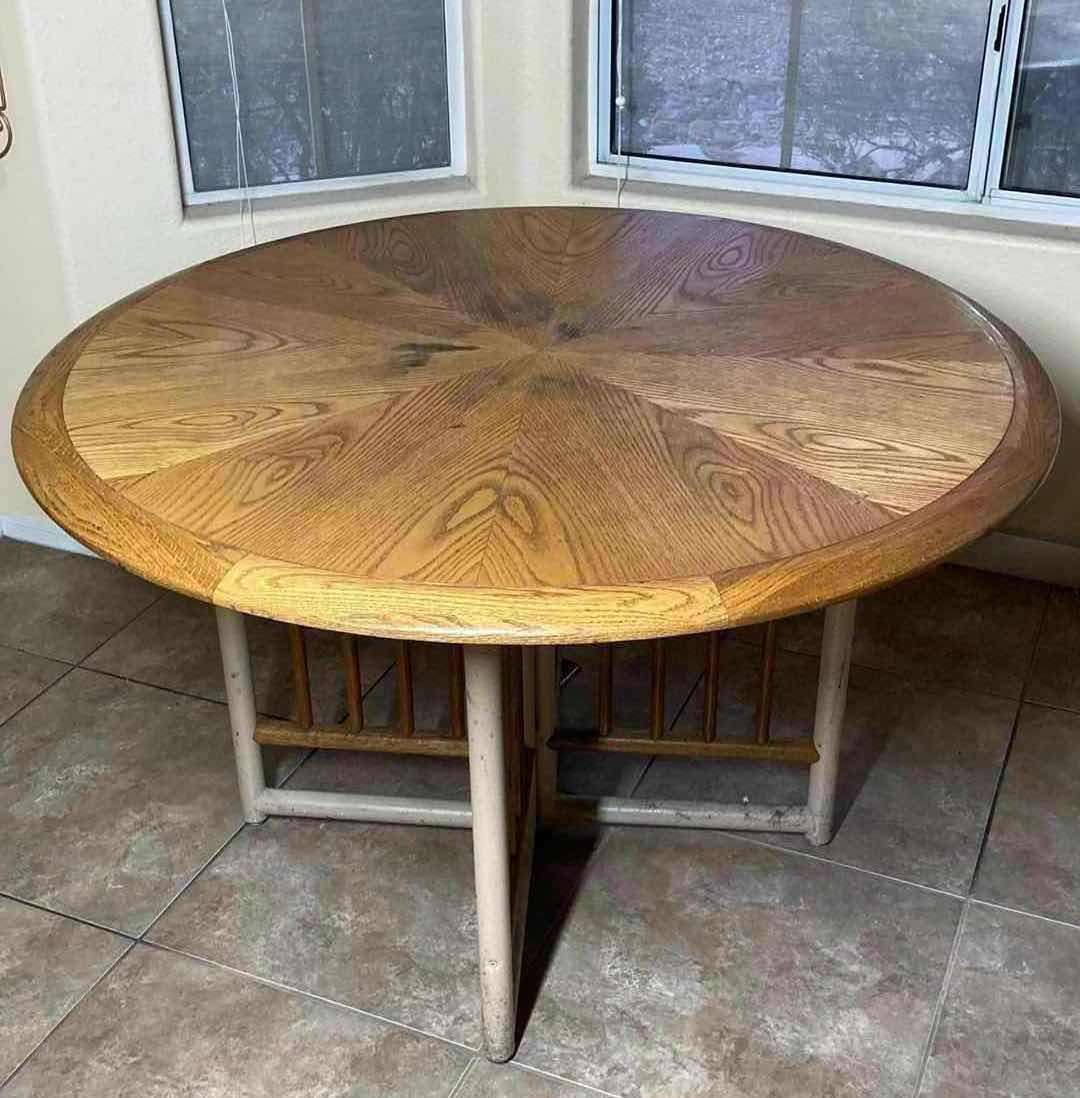 Photo 1 of VINTAGE ROUND OAK W METAL BASE DINING TABLE 48” X 29.5”