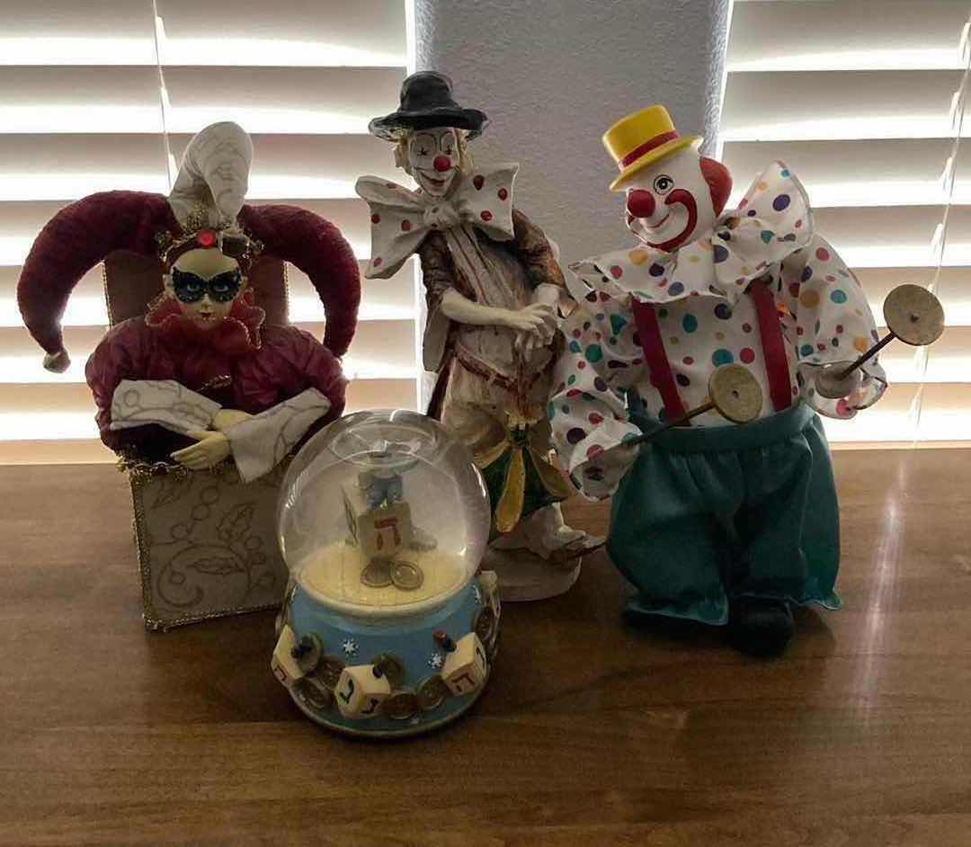 Photo 1 of CLOWN FIGURINES H11” & JACK IN THE BOX H10” W SAN FRANCISCO MUSIC BOX CO SNOW GLOBE H6”