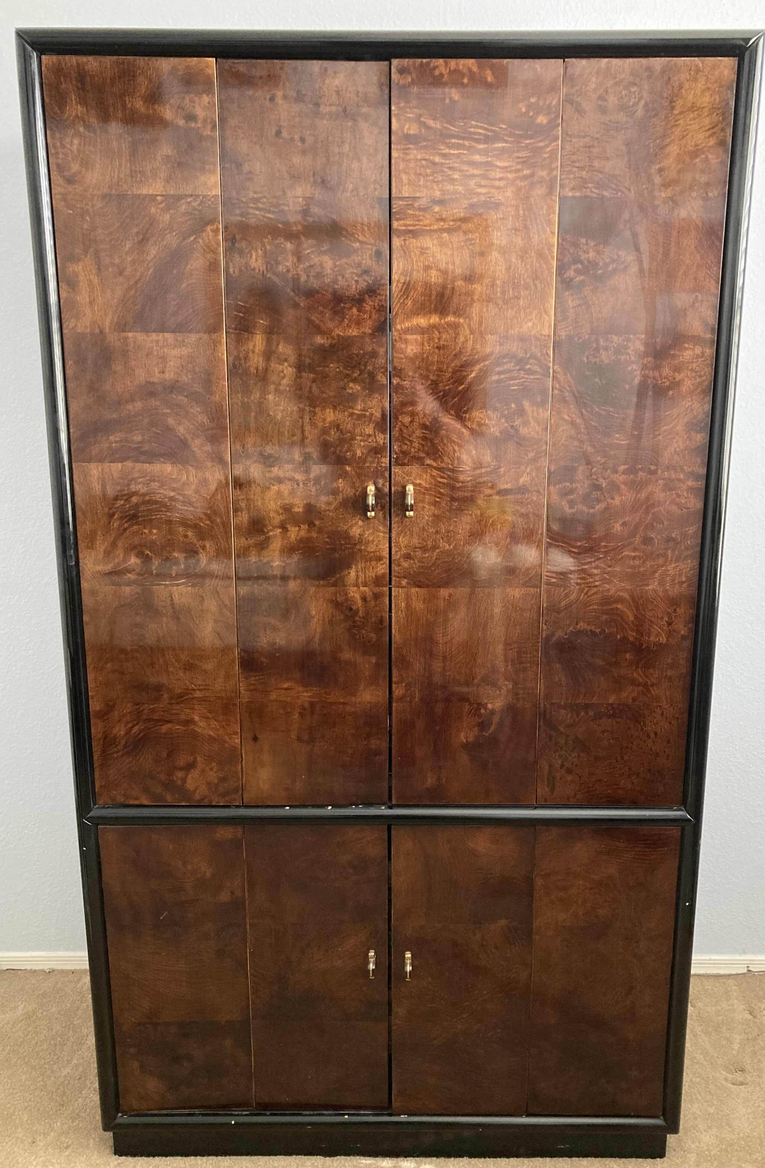 Photo 1 of SCENE THREE HENREDON GLOSSY BLACK & MYRTLE BURL VENEER FINISH ENTERTAINMENT CABINET W INTEGRATED POWER STRIP 40” X 20” 71.25” (READ NOTES)