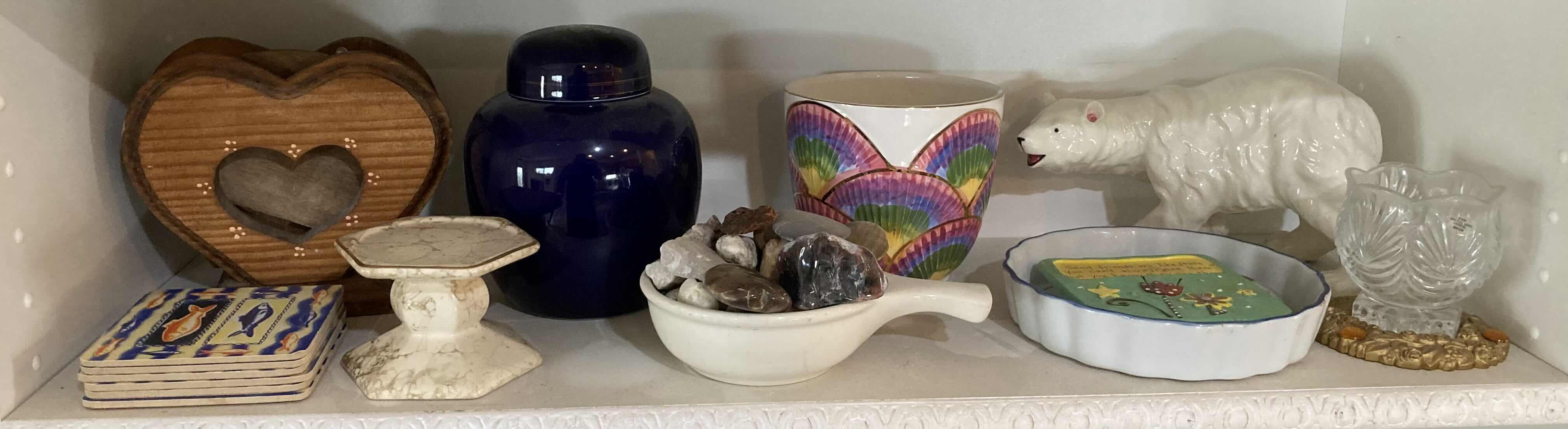 Photo 1 of CONTENTS OF SHELF- COASTERS, JARS, DECOR & POLISHED ROCKS