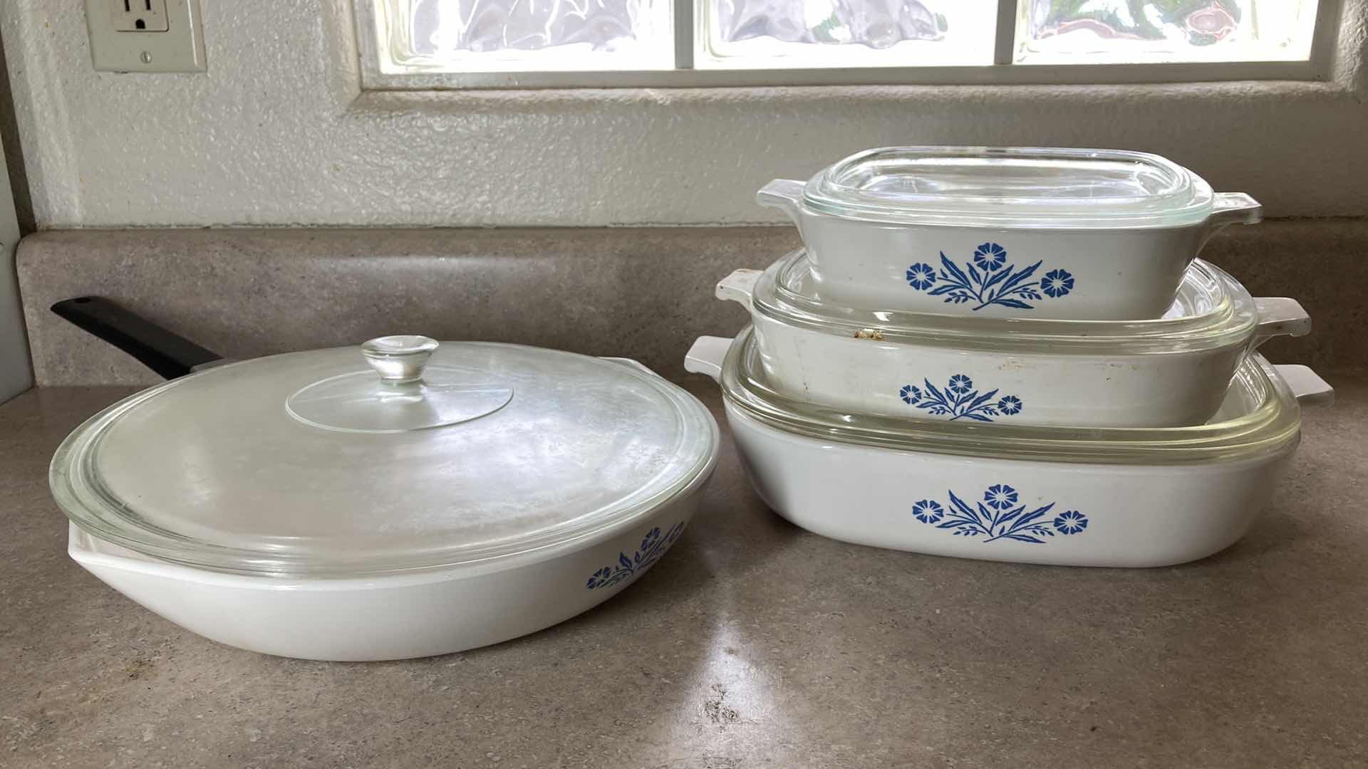 Photo 1 of CORNINGWARE BLUE CORN FLOWER 10” SKILLET W 3 CASSEROLE DISHES