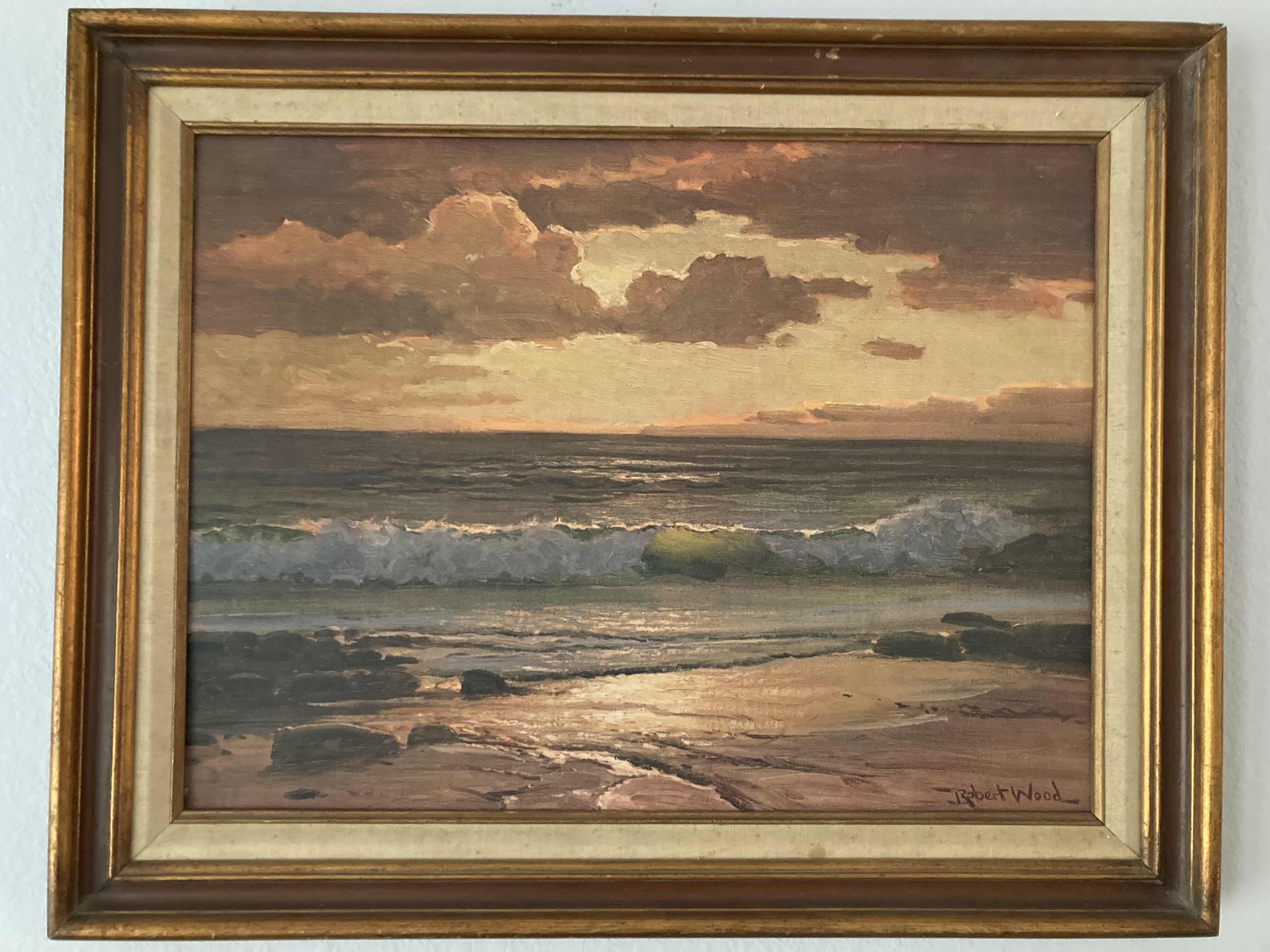Photo 1 of OCEAN AT SUNRISE FRAMED CANVAS ARTWORK SIGNED BY ROBERT WOOD 29” X 23”
