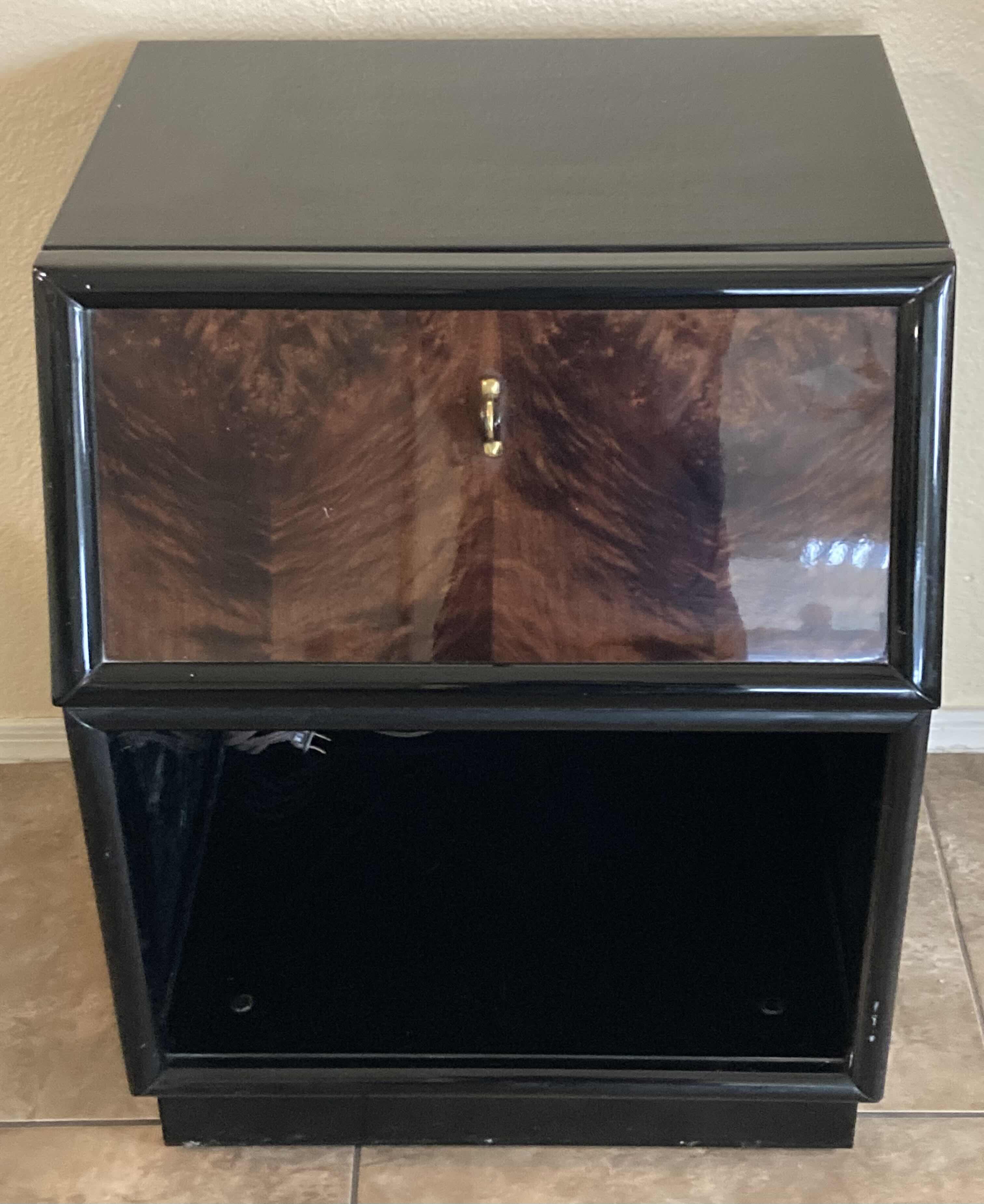 Photo 2 of SCENE THREE HENREDON GLOSSY BLACK & MYRTLE BURL VENEER FINISH CABINET W INTEGRATED POWER STRIP 22” X 19.5” H28.5”