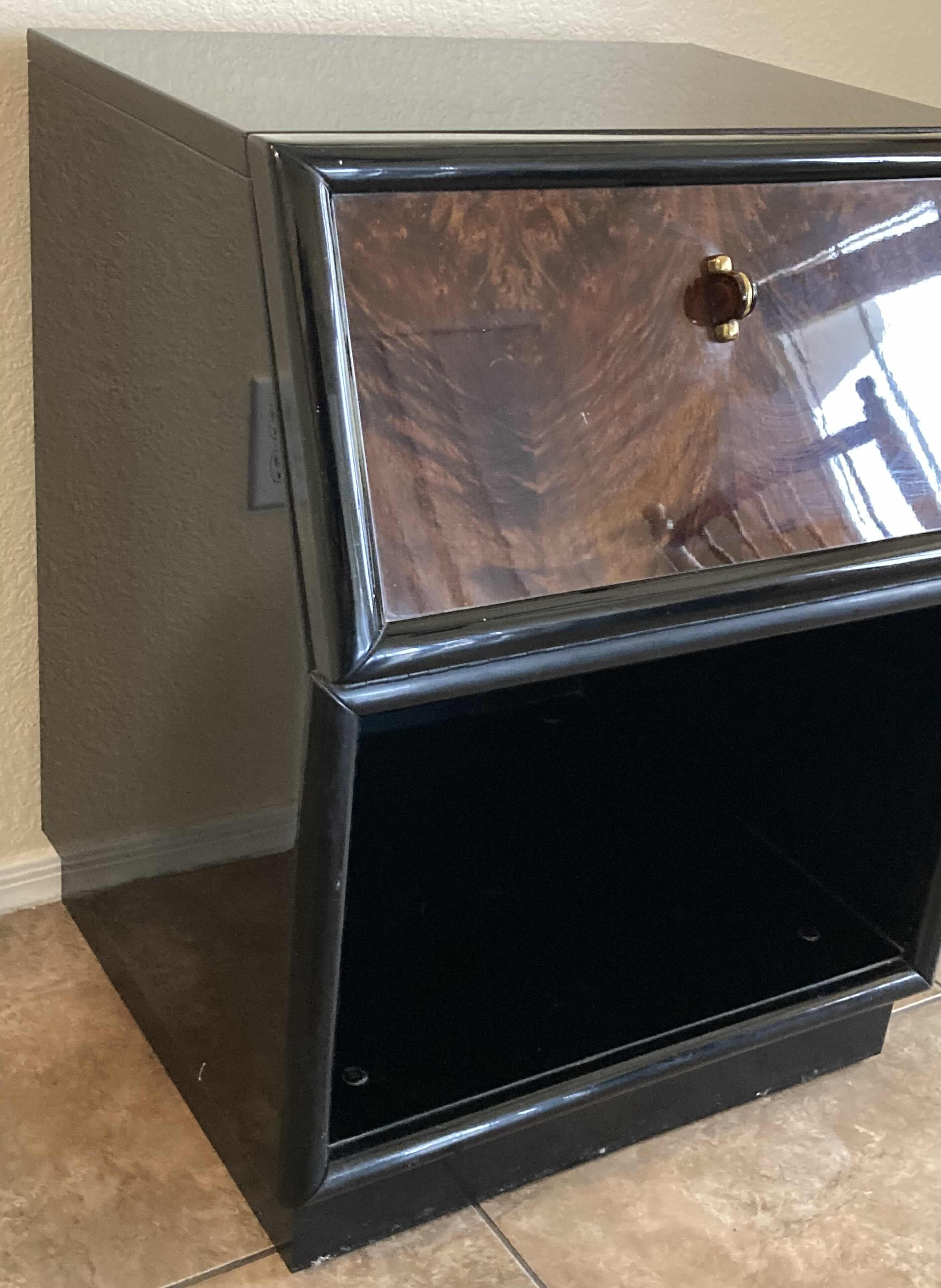 Photo 4 of SCENE THREE HENREDON GLOSSY BLACK & MYRTLE BURL VENEER FINISH CABINET W INTEGRATED POWER STRIP 22” X 19.5” H28.5”