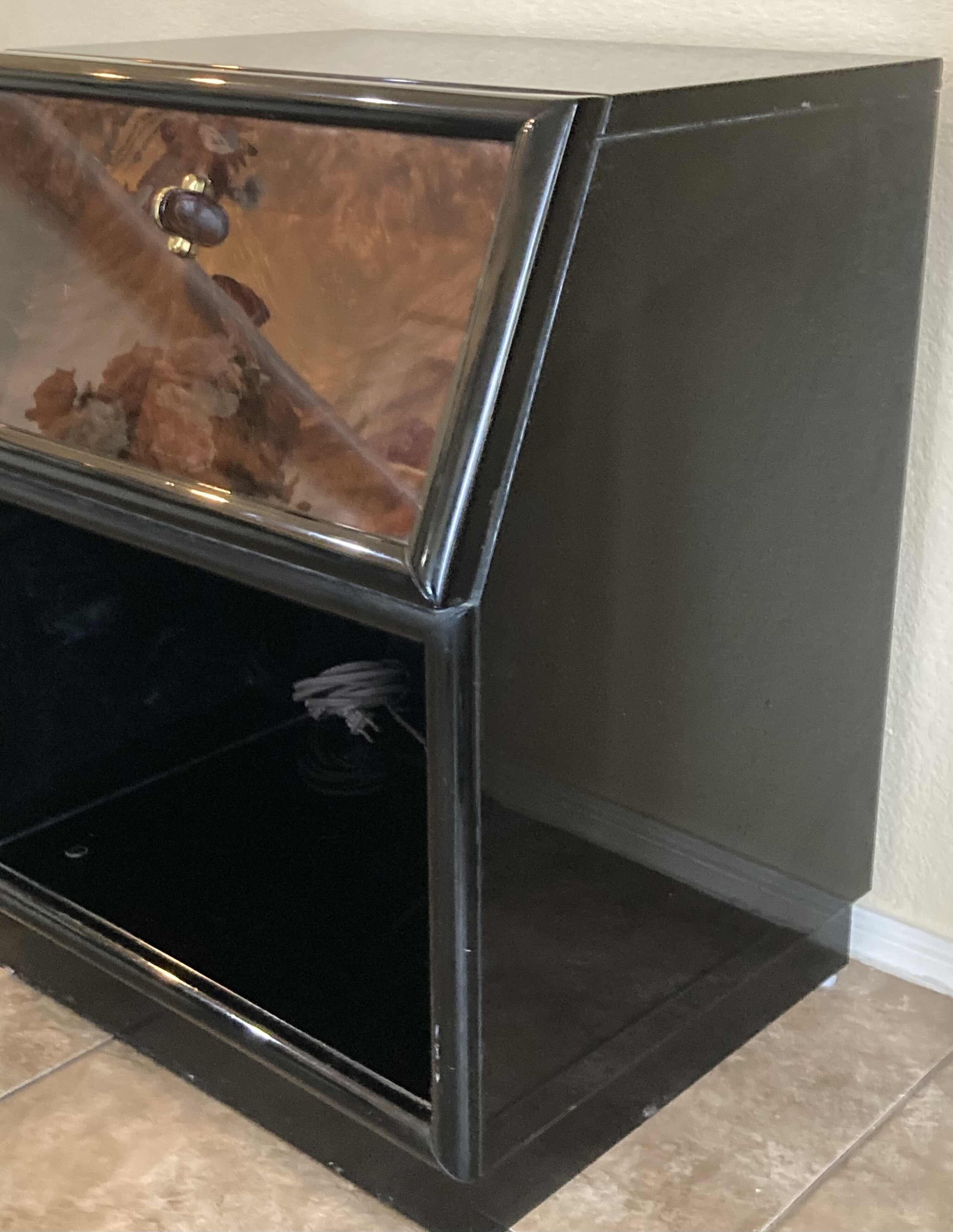 Photo 3 of SCENE THREE HENREDON GLOSSY BLACK & MYRTLE BURL VENEER FINISH CABINET W INTEGRATED POWER STRIP 22” X 19.5” H28.5”