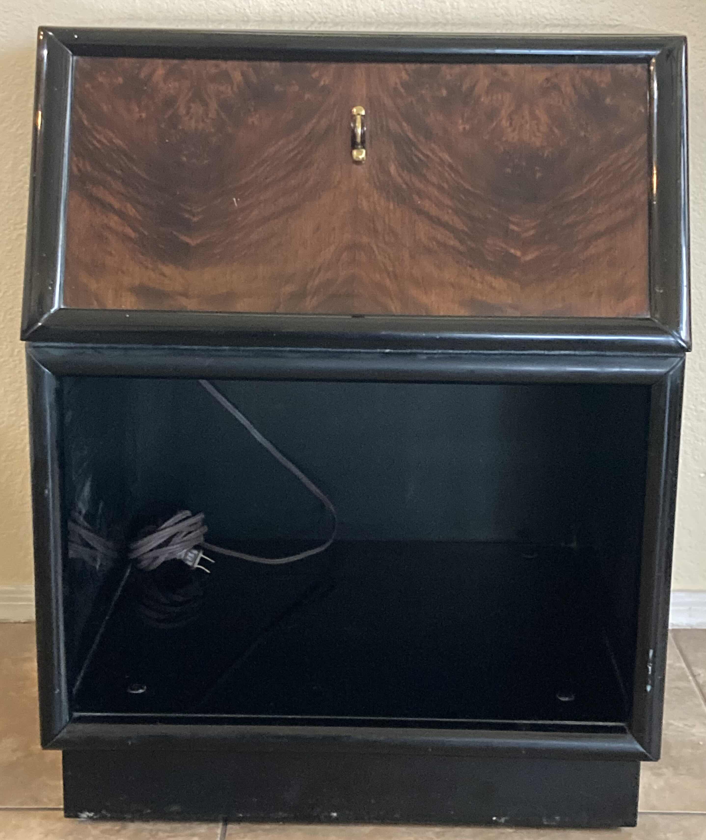 Photo 1 of SCENE THREE HENREDON GLOSSY BLACK & MYRTLE BURL VENEER FINISH CABINET W INTEGRATED POWER STRIP 22” X 19.5” H28.5”