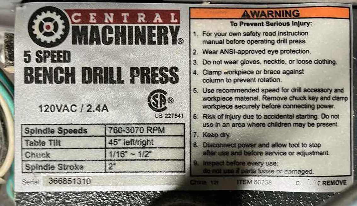 Photo 5 of CENTRAL MACHINERY 5 SPEED BENCH DRILL PRESS MODEL 60238 (3) READ NOTES