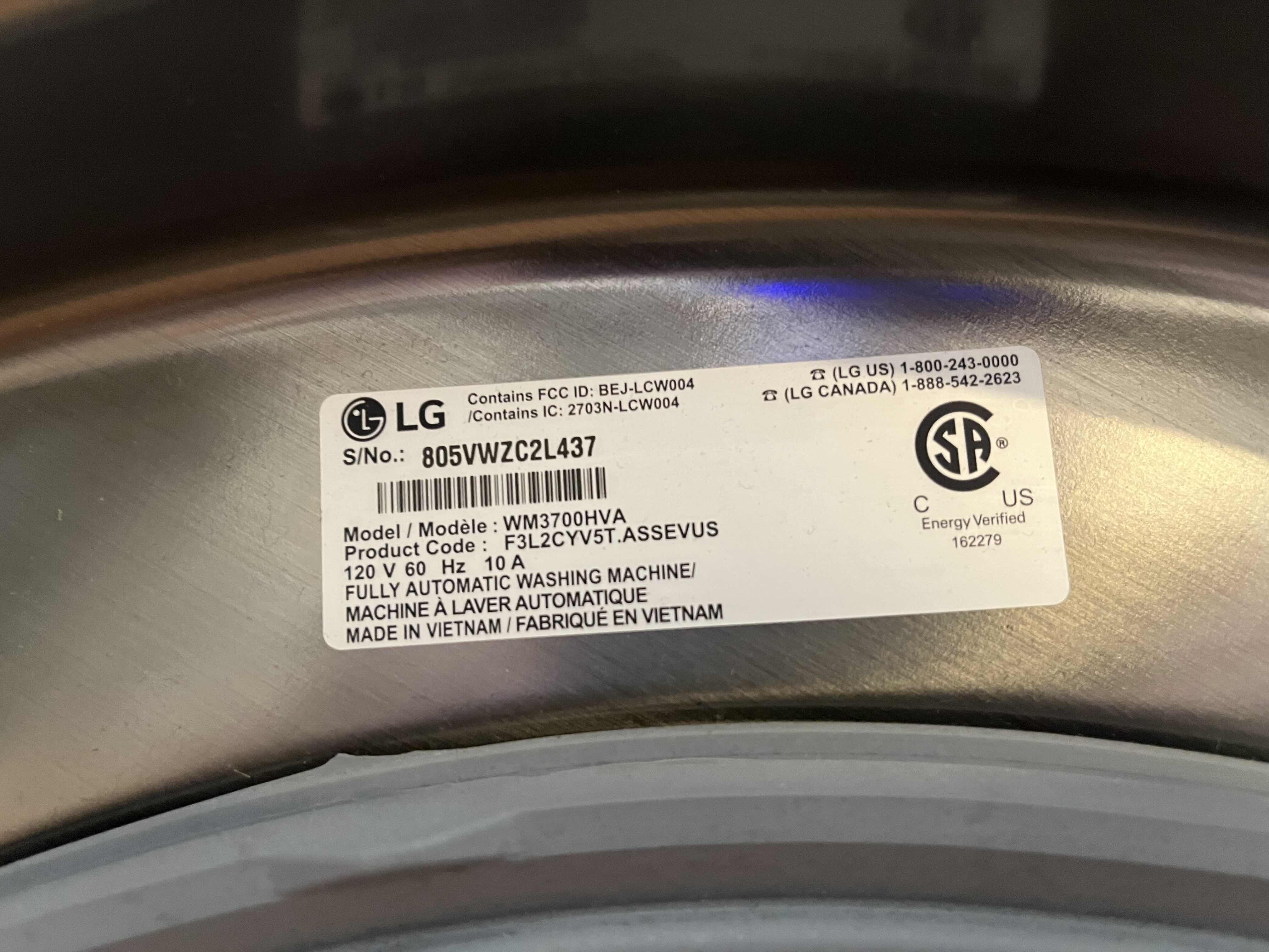 Photo 1 of LG TRUE BALANCE INVERTER DIRECT DRIVE WASHER MODEL WM3700HVA
