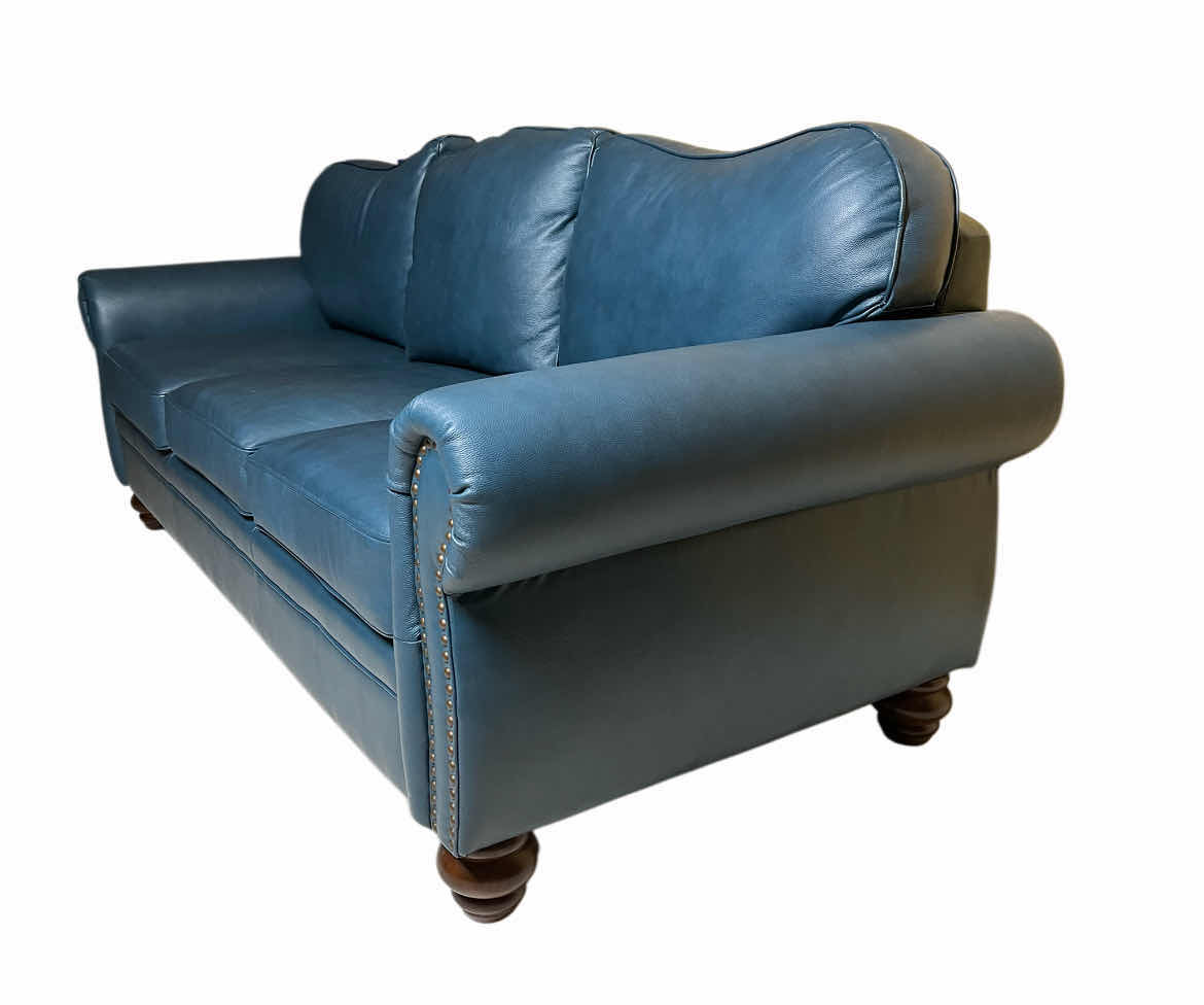 Photo 1 of MACIMO ROLLED ARM NAILHEAD TRIM TURQUOISE LEATHER SOFA 81” X 33” H34”