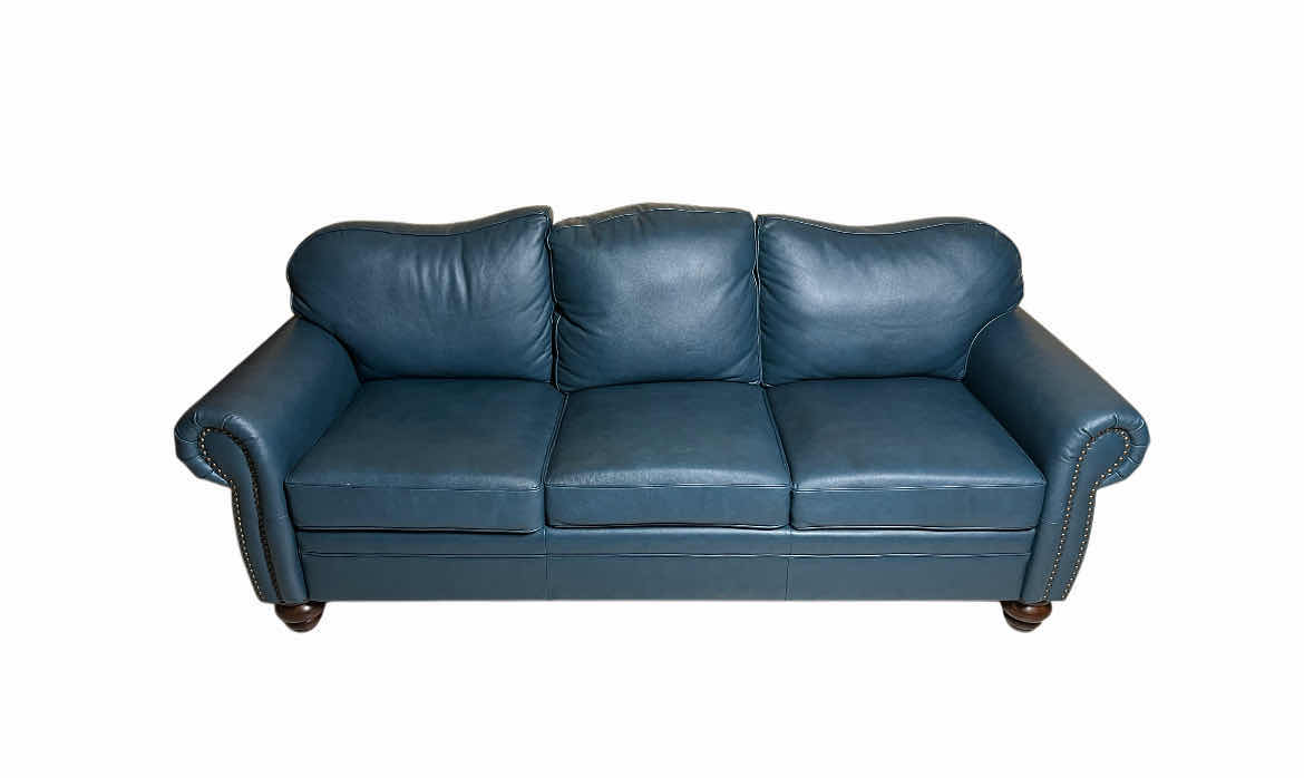 Photo 1 of MACIMO ROLLED ARM NAILHEAD TRIM TURQUOISE LEATHER SOFA 81” X 33” H34”