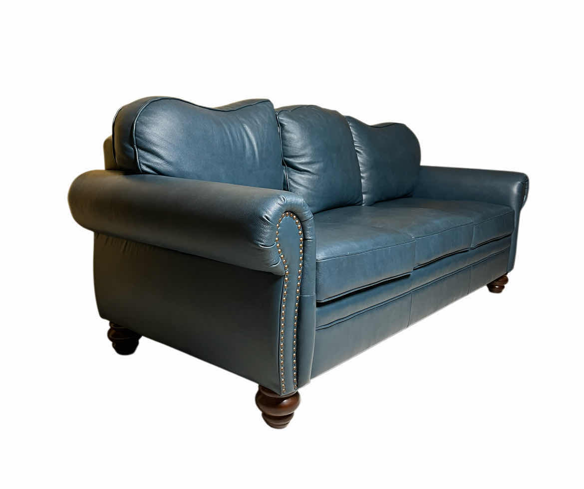 Photo 1 of MACIMO ROLLED ARM NAILHEAD TRIM TURQUOISE LEATHER SOFA 81” X 33” H34”