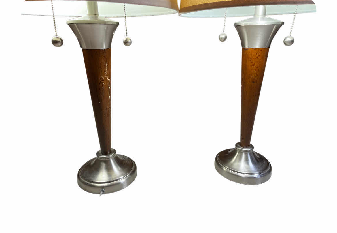 Photo 1 of VINTAGE WOOD & SILVER FINISH METAL TABLE LAMPS (2) 14” X 28”