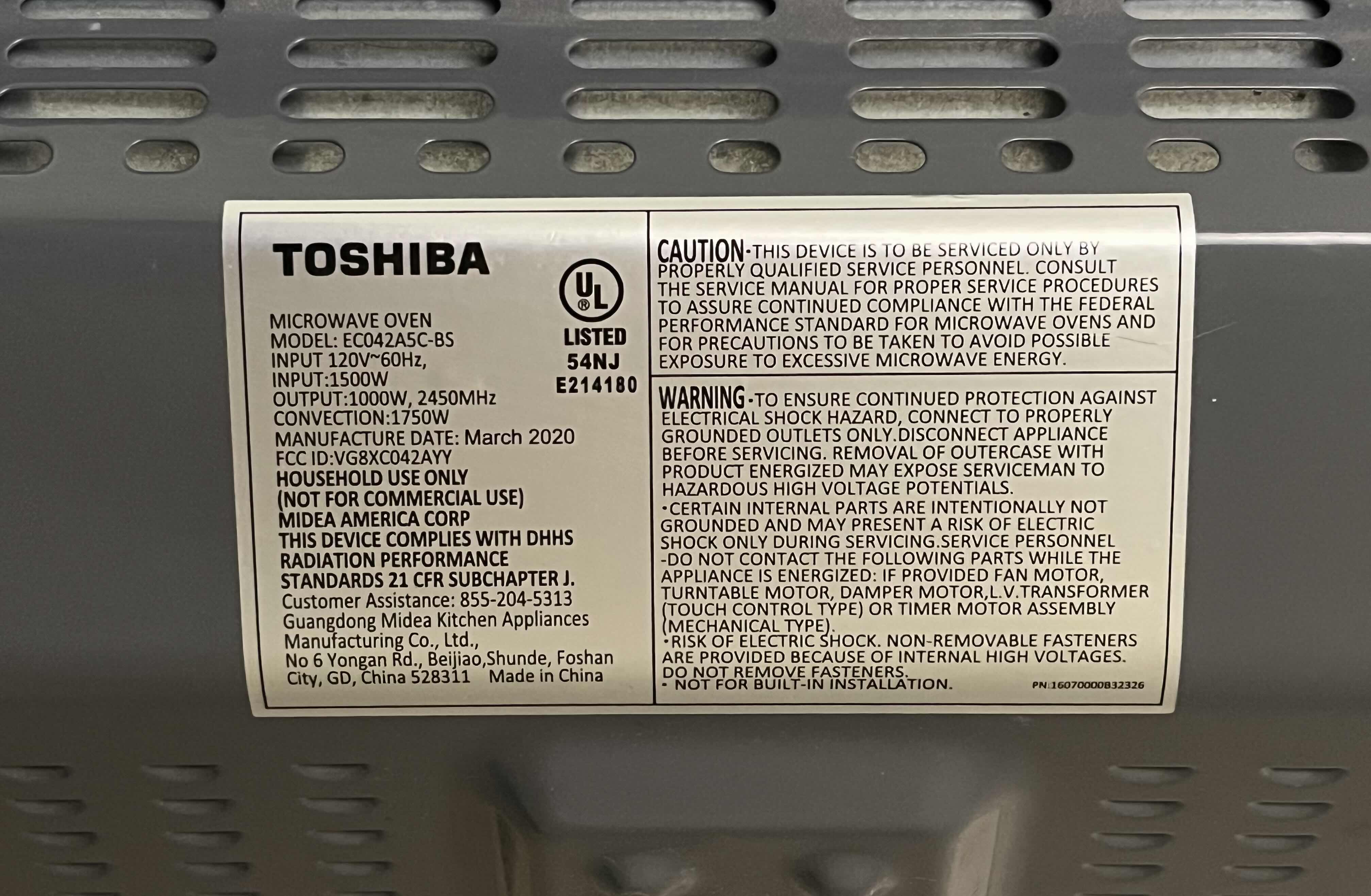Photo 1 of TOSHIBA MICROWAVE OVEN W CONVECTION FUNCTION MODEL EC042A5C-BS