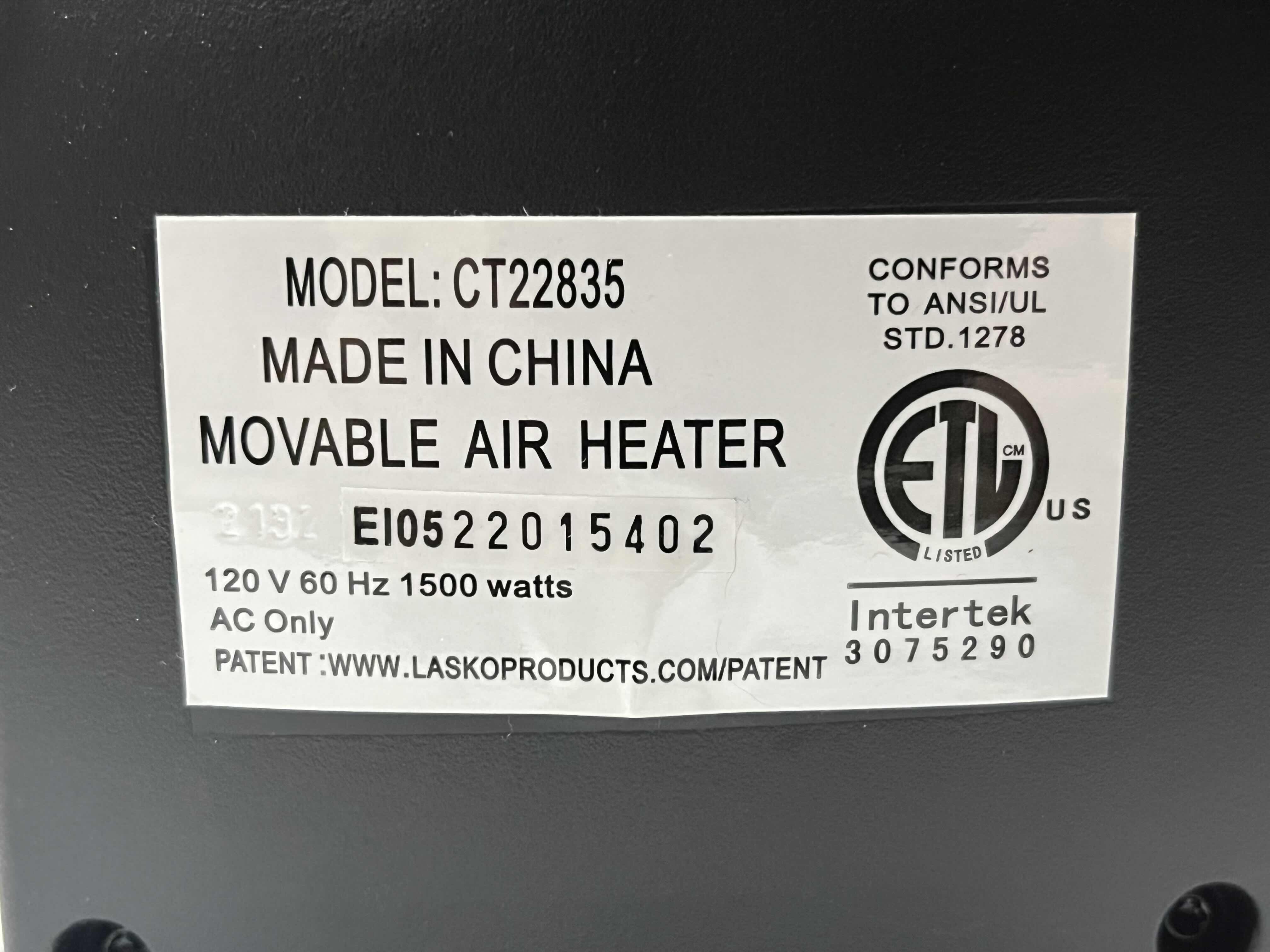 Photo 1 of LASKO MOVABLE AIR HEATER MODEL CT22835