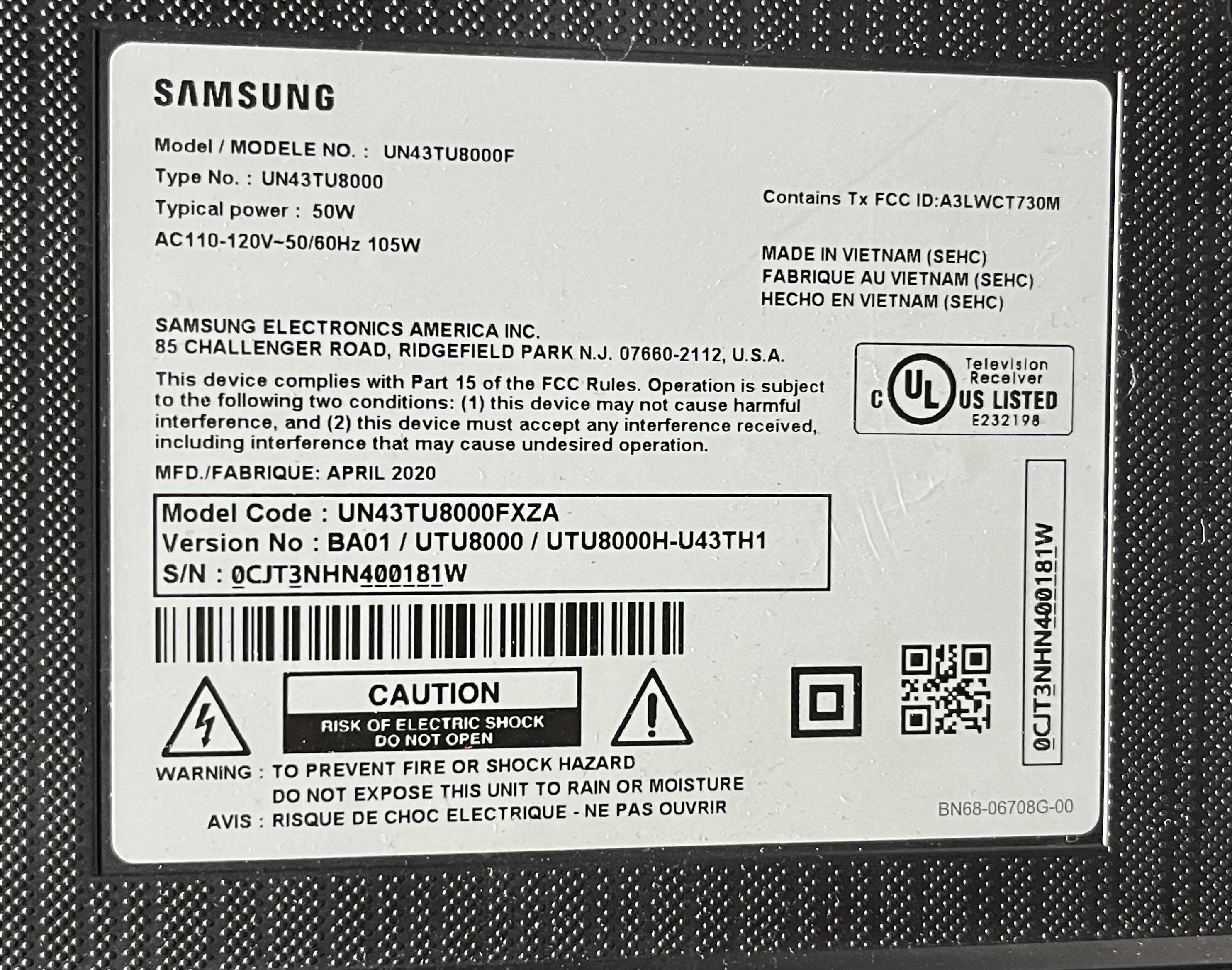 Photo 1 of SAMSUNG 43” CLASS CRYSTAL UHD SMART TV W REMOTE MODEL UN43TU8000F