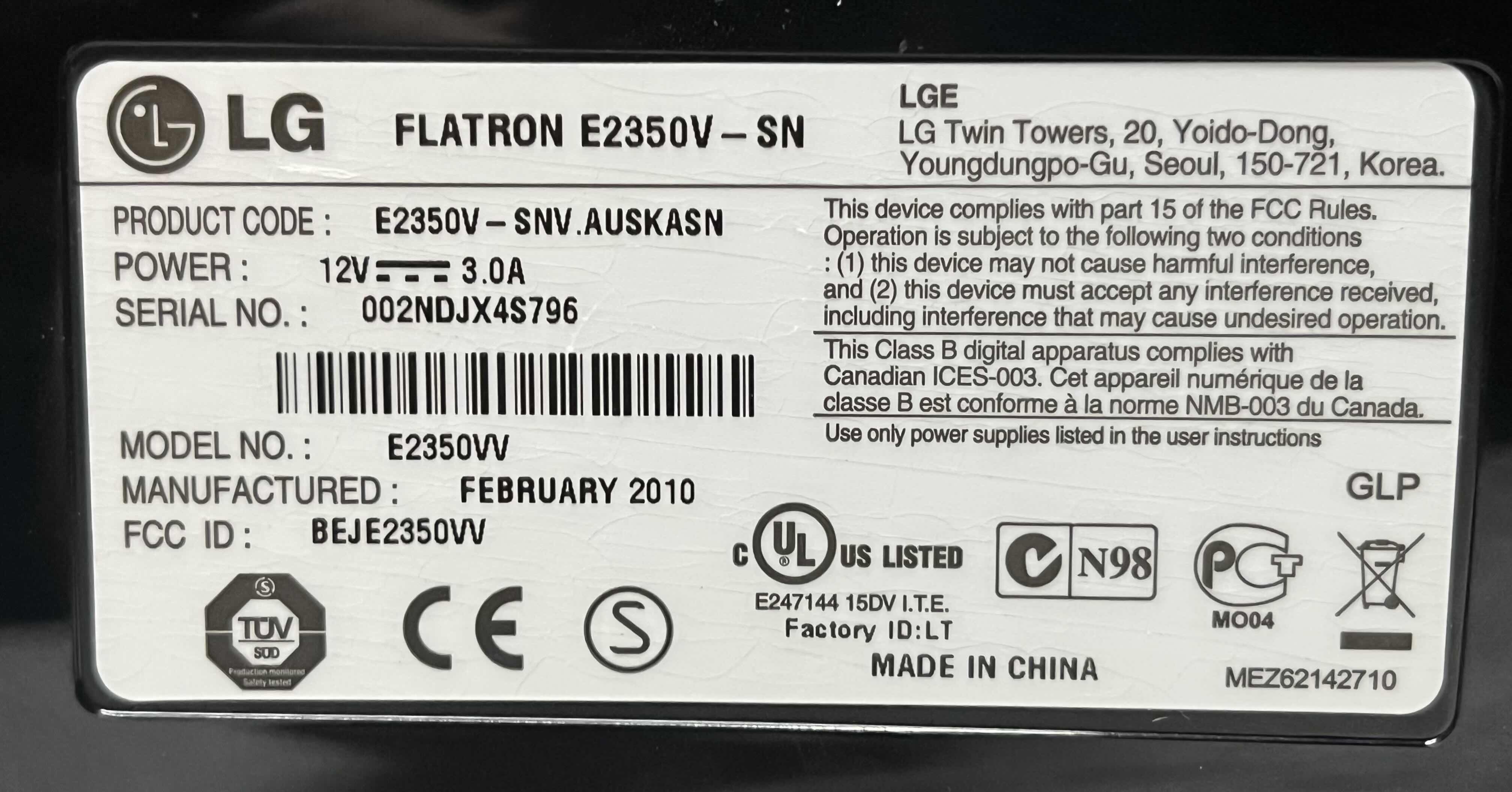 Photo 1 of LG FLATRON 24” MONITOR MODEL E2350VV