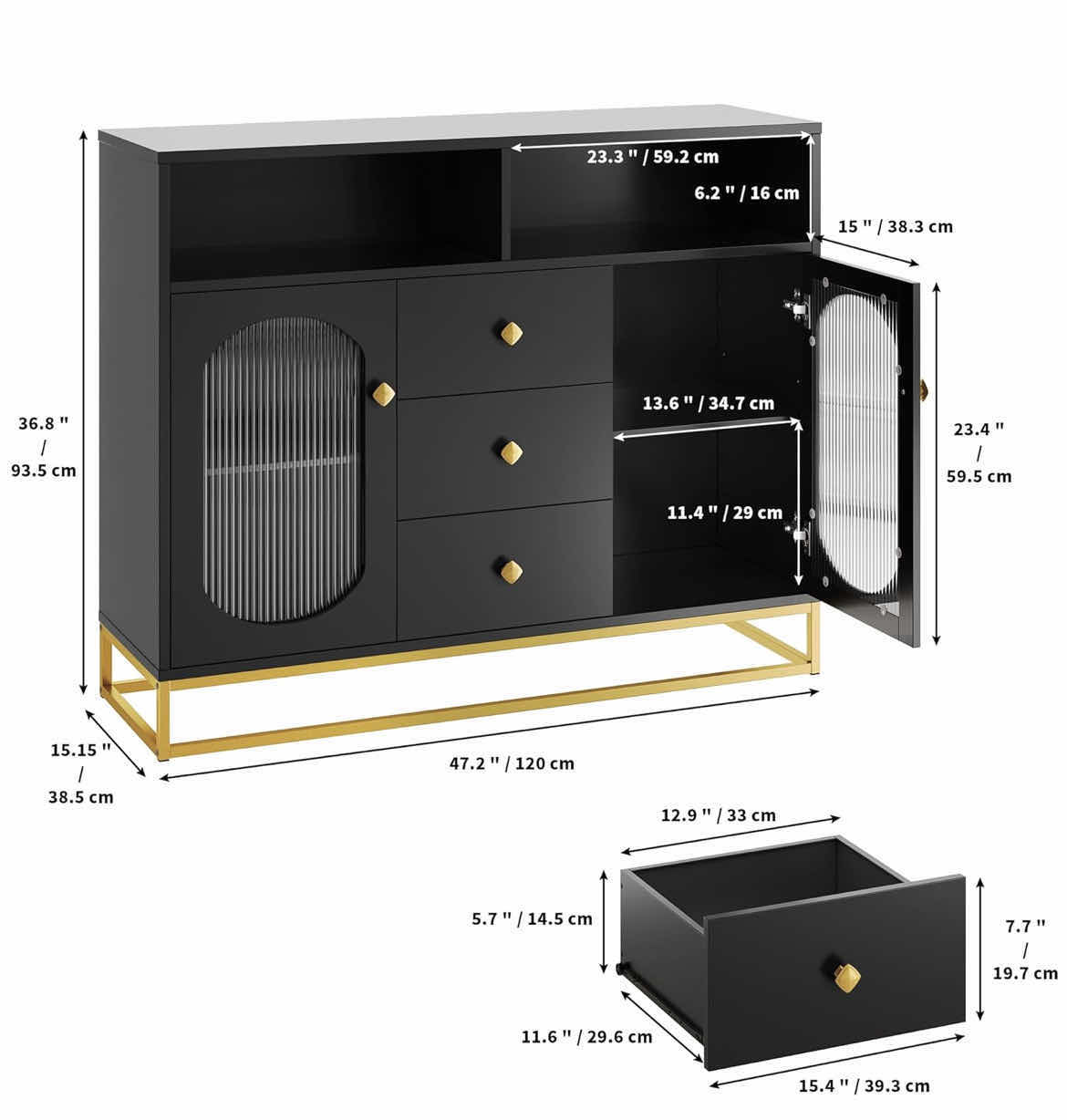 Photo 1 of FINETONES BLACK 2 DOOR 3 DRAWER SIDEBOARD BUFFET TABLE