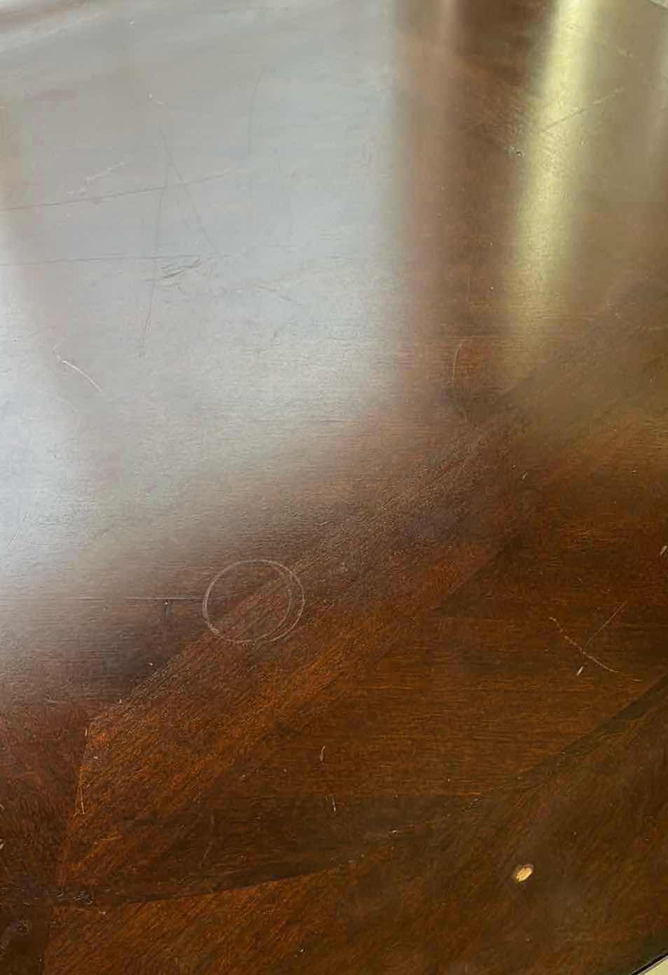 Photo 1 of JIAMEI MAHOGANY FINISH WOOD DINING TABLE & 4 STOOLS (READ NOTES)