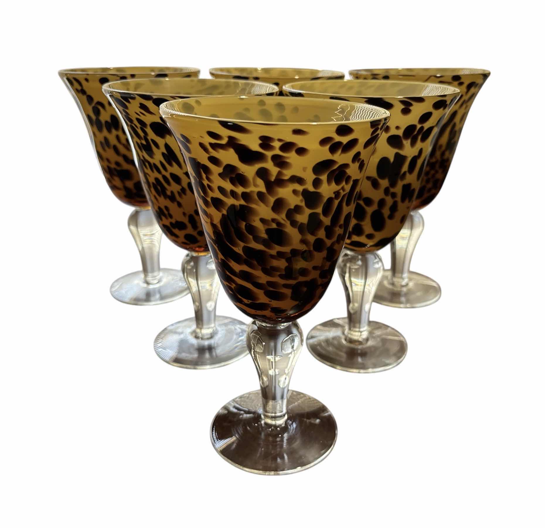 Photo 1 of VINTAGE TORTOISE SHELL HAND BLOWN 8” WINE GOBLET W APPLIED FOOT, SET OF 6