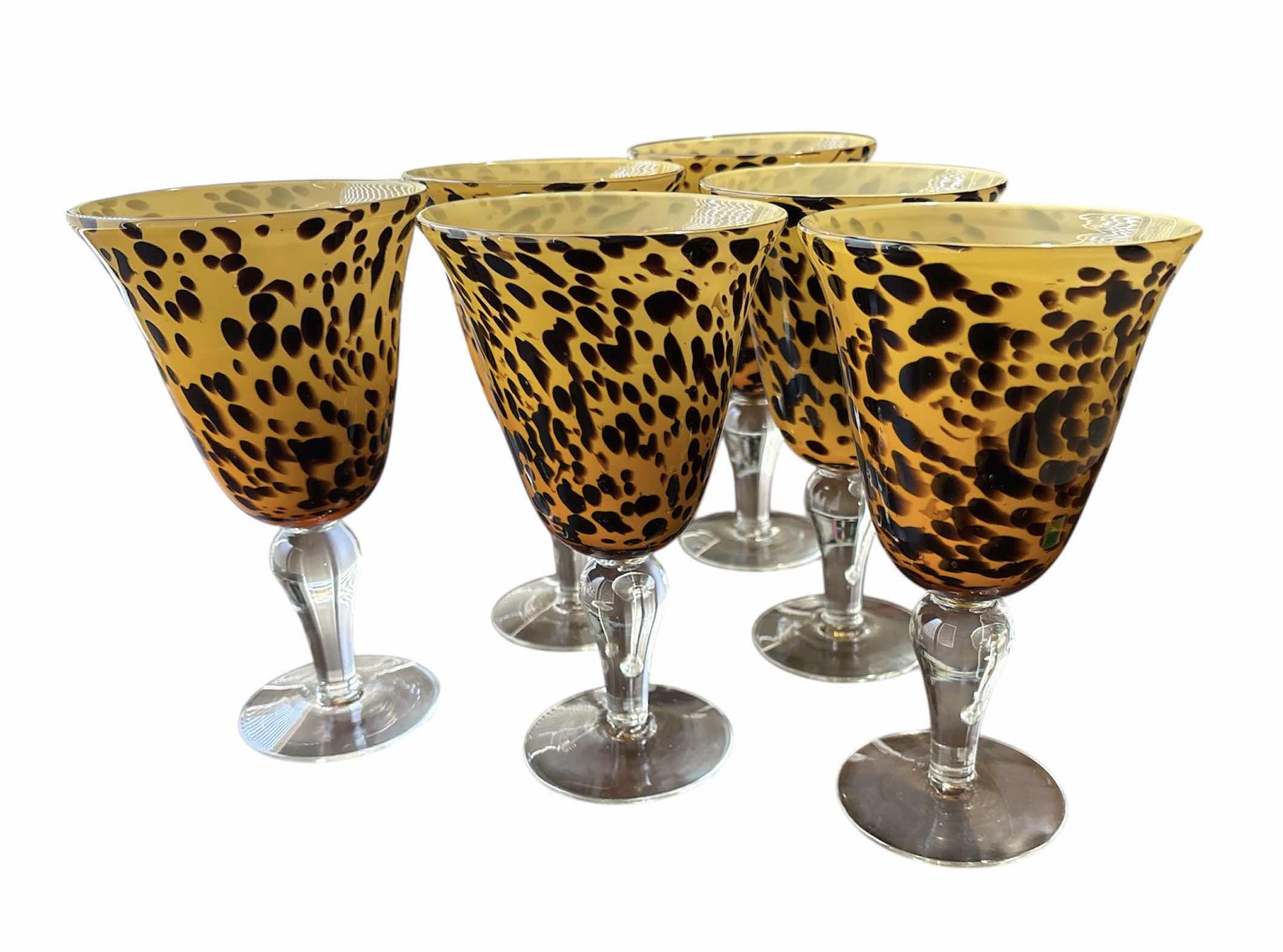 Photo 1 of VINTAGE TORTOISE SHELL HAND BLOWN 8” WINE GOBLET W APPLIED FOOT, SET OF 6